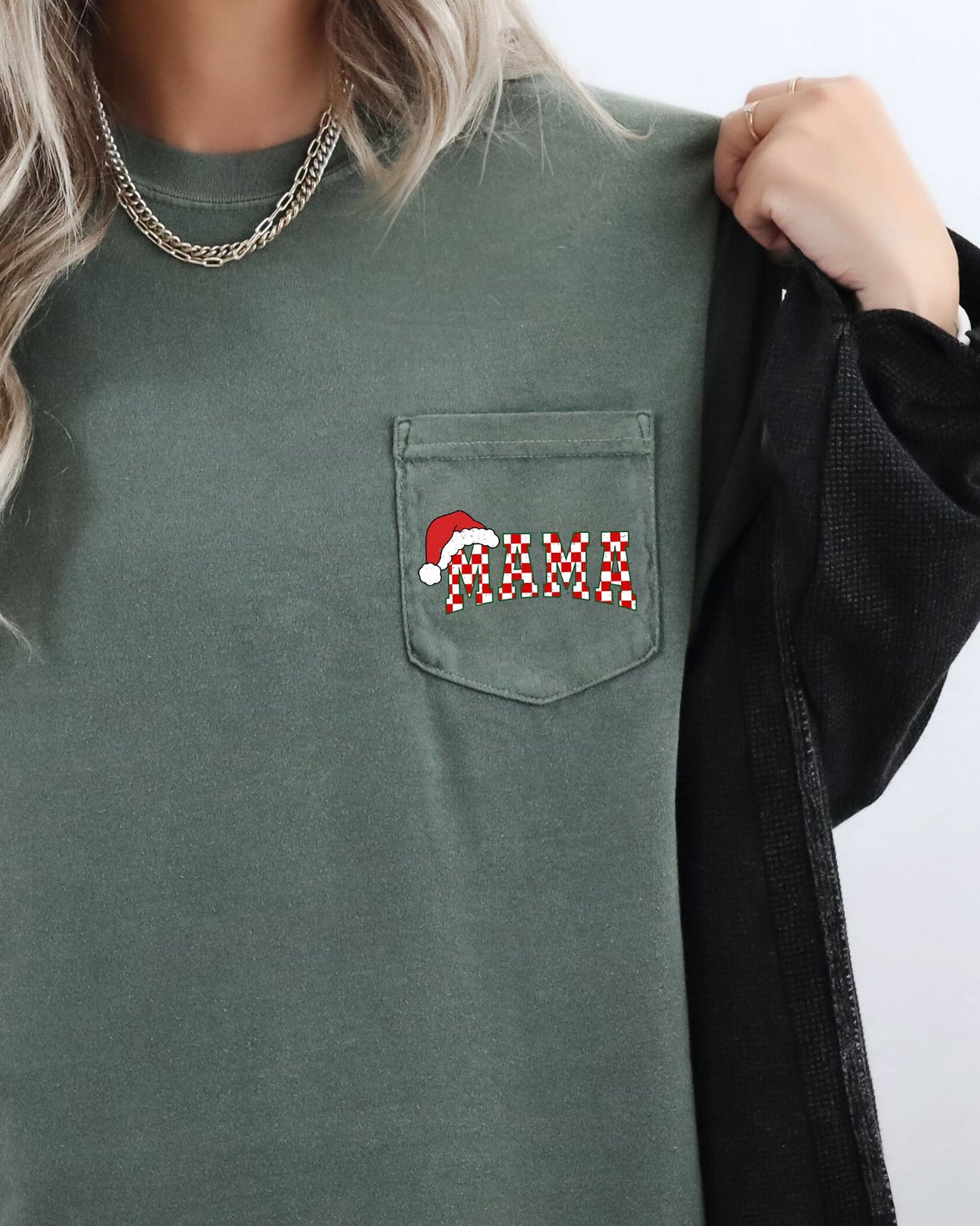 Retro Christmas Mama Checkered Pocket Santa Snow Winter Xmas Edition Comfort Colors Tee
