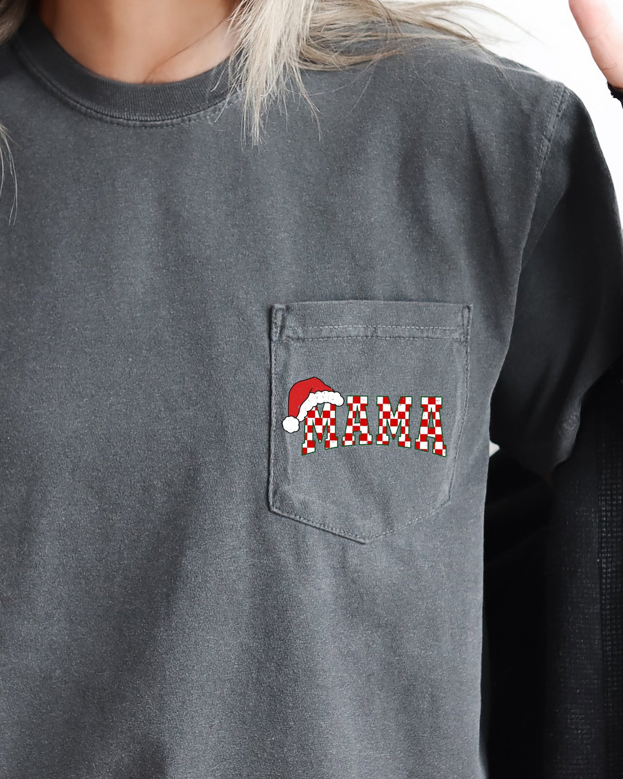 Retro Christmas Mama Checkered Pocket Santa Snow Winter Xmas Edition Comfort Colors Tee