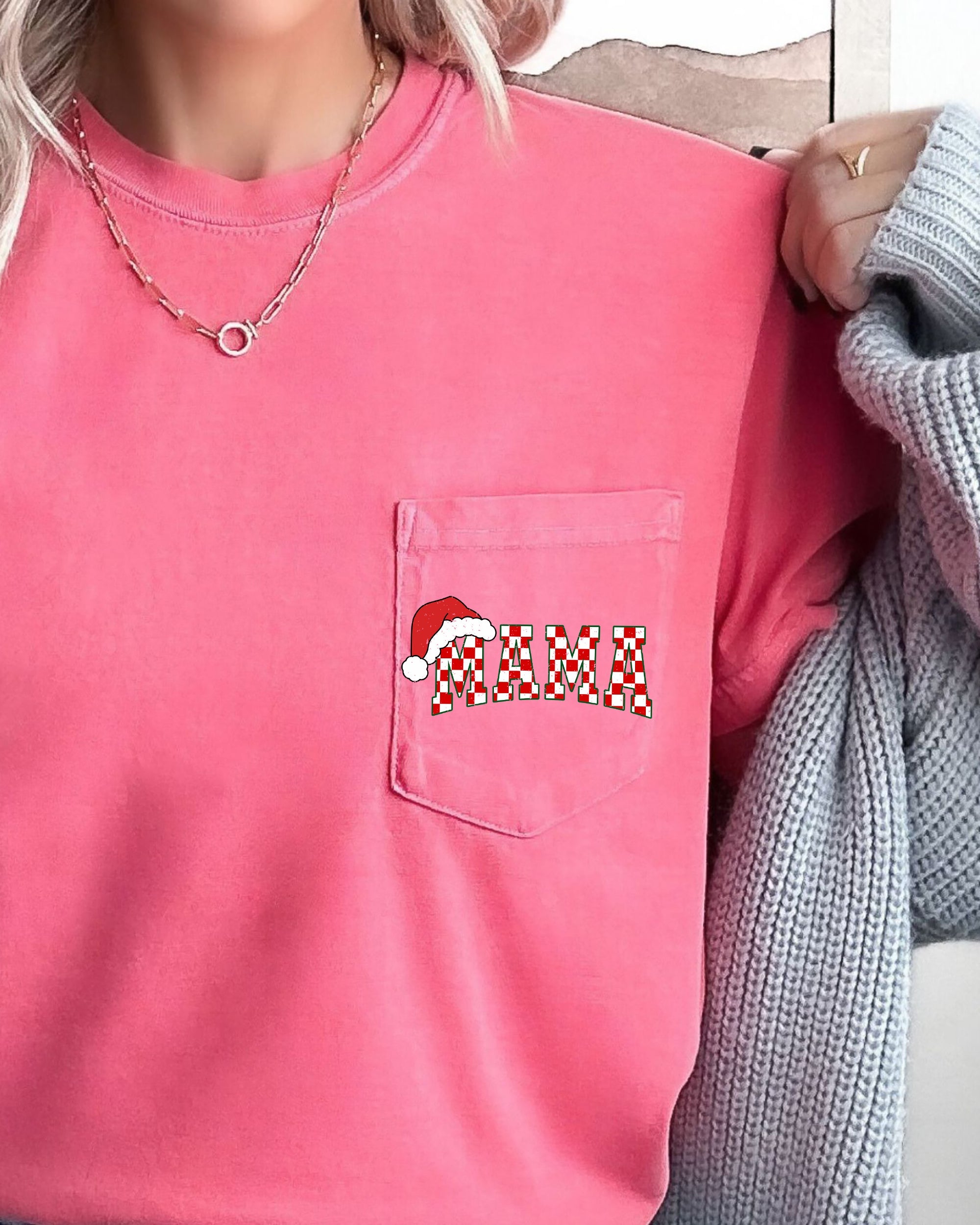 Retro Christmas Mama Checkered Pocket Santa Snow Winter Xmas Edition Comfort Colors Tee