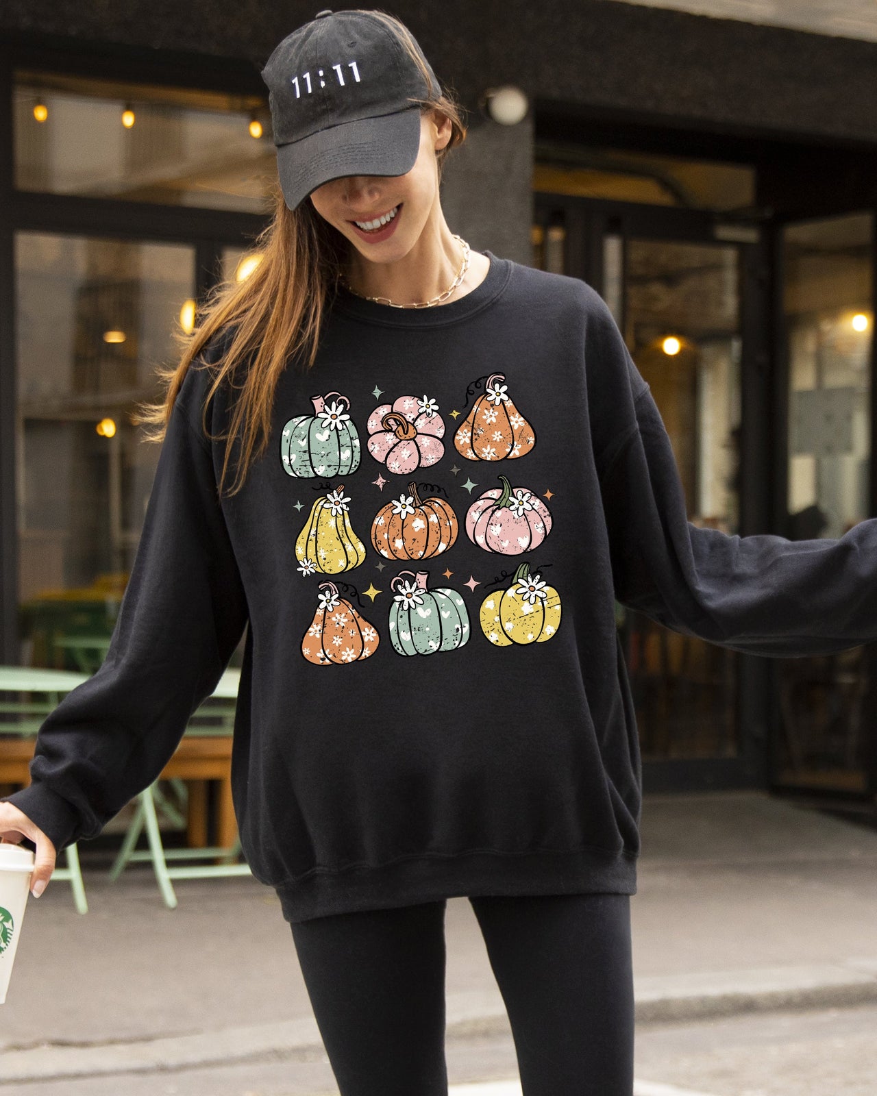 Cozy Retro Colorful Floral Pumpkins Halloween Jack-O-Lantern Fall Autumn Sweatshirt
