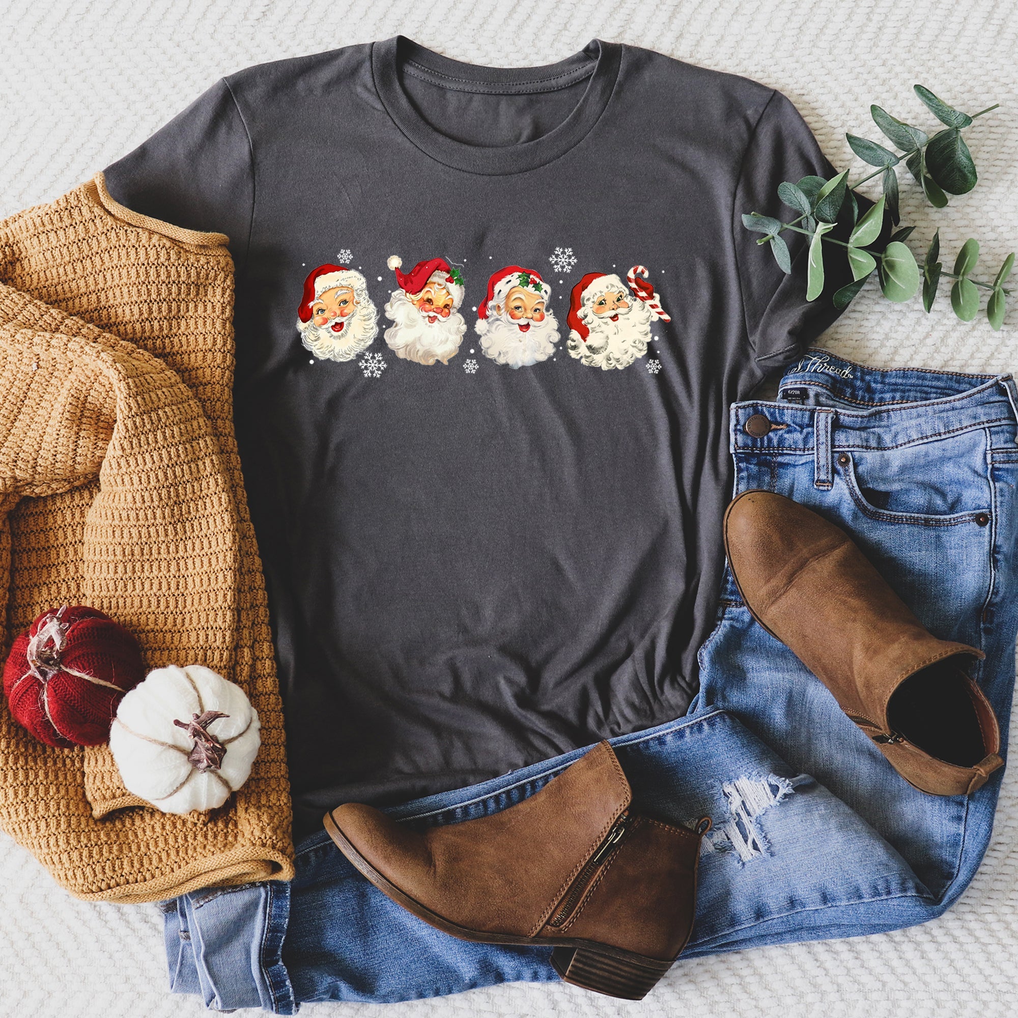 Retro Santas With Snowflakes Christmas Holiday Edition Santa Claus Nostalgia Artwork Graphic Tee
