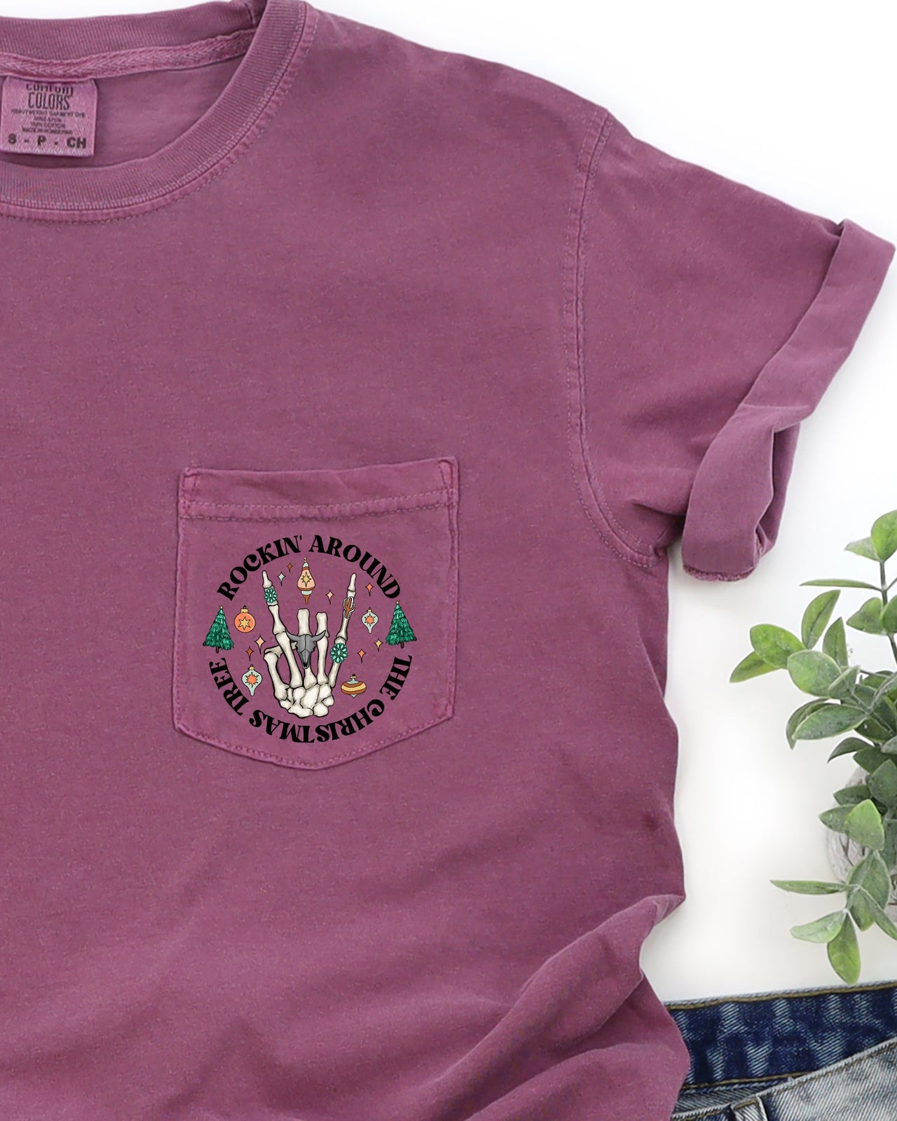 Rockin Around The Christmas Tree Skeleton Pocket Holiday Edition Comfort Colors Tee