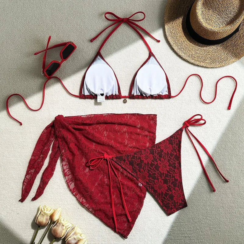 Lace Sexy Bikinis Female Swimsuits Women Three-Piece Swimwear Beach Swimming Wear Bathing Suits Brazilian Bikini Set Pool Bather