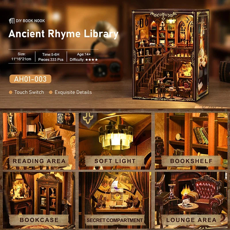 DIY Book Nook Kit - 3D Wooden Ancient Rhyme Library Creative Christmas & Black Friday Gift Miniature Desktop Decor