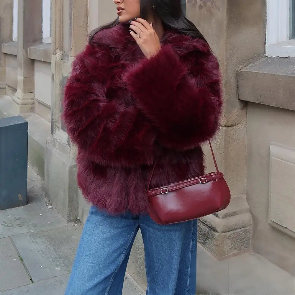 KONDALA Casual Brown Thick Fur Jackets Women Long Sleeve V Neck Autumn Winter Faux Fur Coats Fashion 2025 Streetwear Outwears