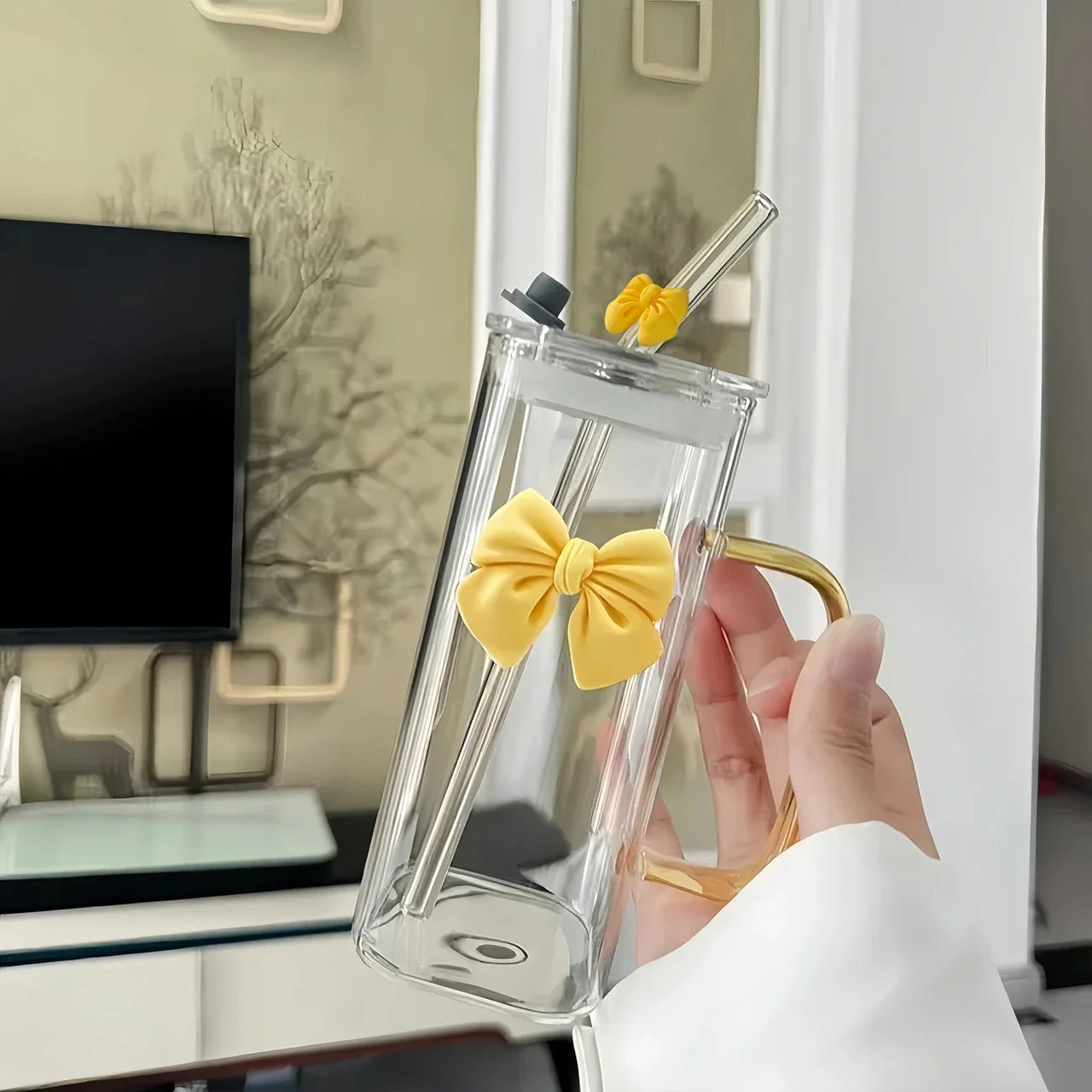 400mL Elegant Butterfly-Decorated Glass Tumbler with Straw & Handle - Reusable Freezer-Safe Water Cup for Coffee Juice Milk