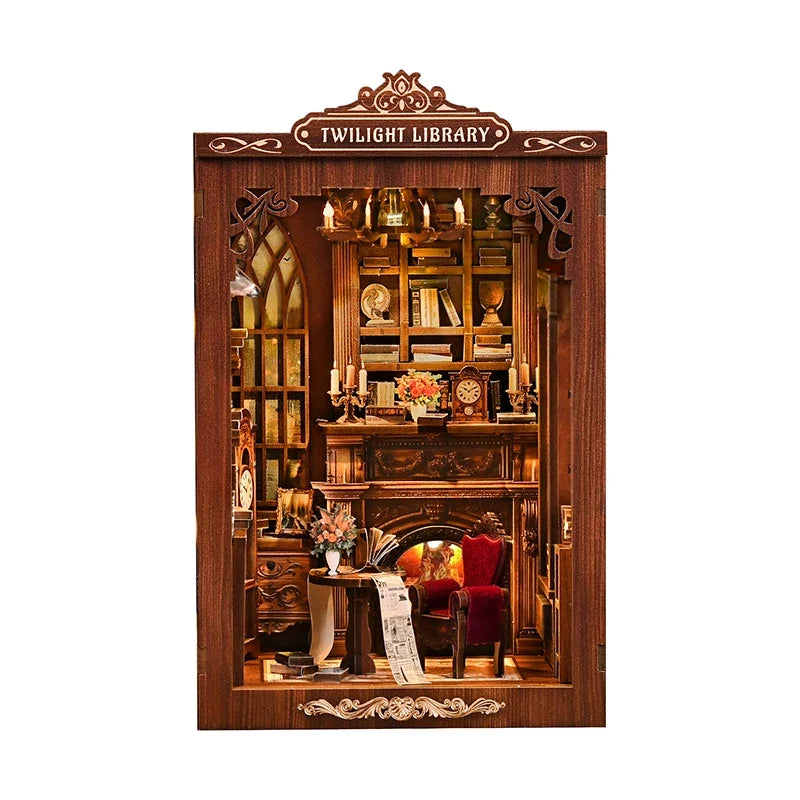 DIY Book Nook Kit - TWILIGHT LIBRARY Wooden Bookend, 3D Puzzle Assembly, Handmade Model for Christmas & Black Friday Gifts