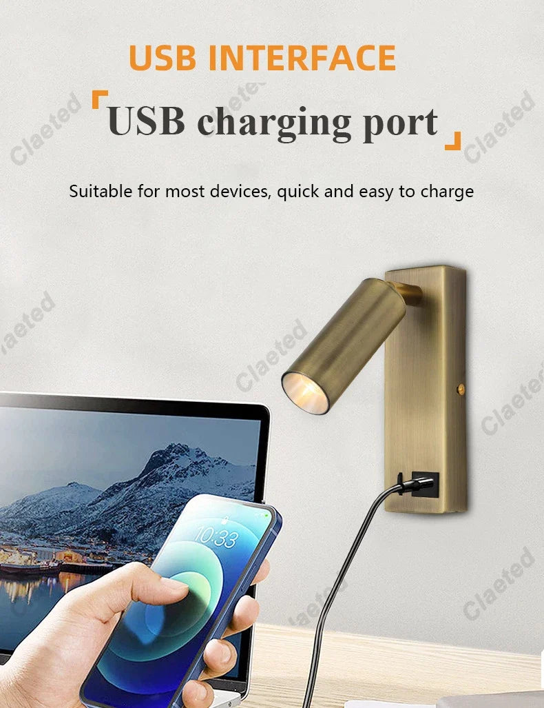 New Led Wall Lamp Sconce with Switch Black Brass Creative USB Port Reading Wall Lamp with 3W Spotlight for Bedroom Bedside