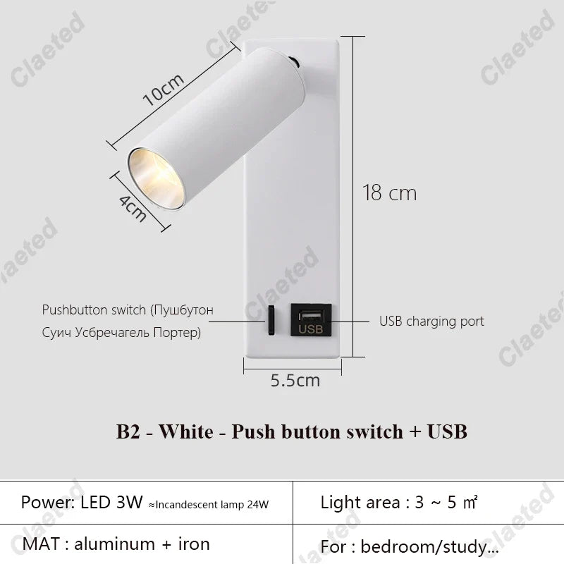 New Led Wall Lamp Sconce with Switch Black Brass Creative USB Port Reading Wall Lamp with 3W Spotlight for Bedroom Bedside