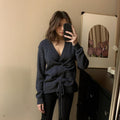Pleione V-neck Ruched Sweater in Charcoal