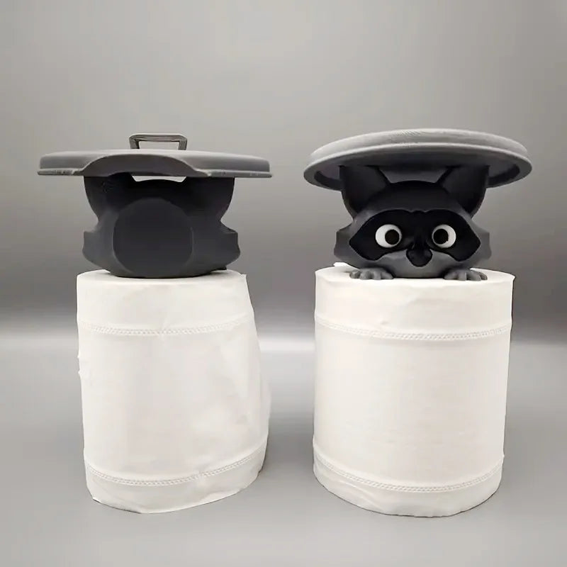 1Pc Adorable 3D Printed Raccoon Toilet Roll Paper Holder White Plastic Playful Bathroom Decor Tissue Holder with Lid Decoration