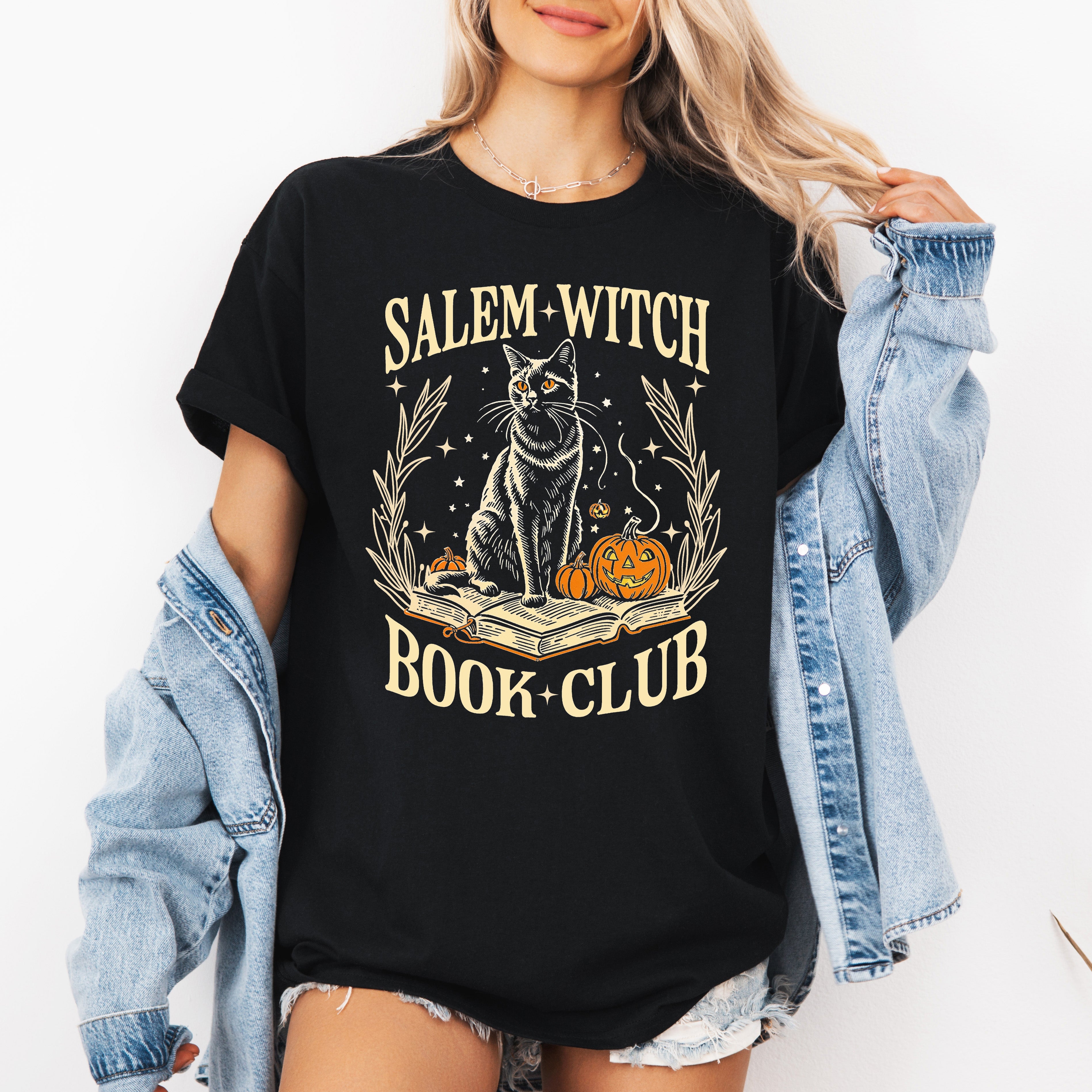 Salem Book Club Cat Retro Classic Vintage Halloween Reading Books Witchy Favorites Collection Graphic Tee