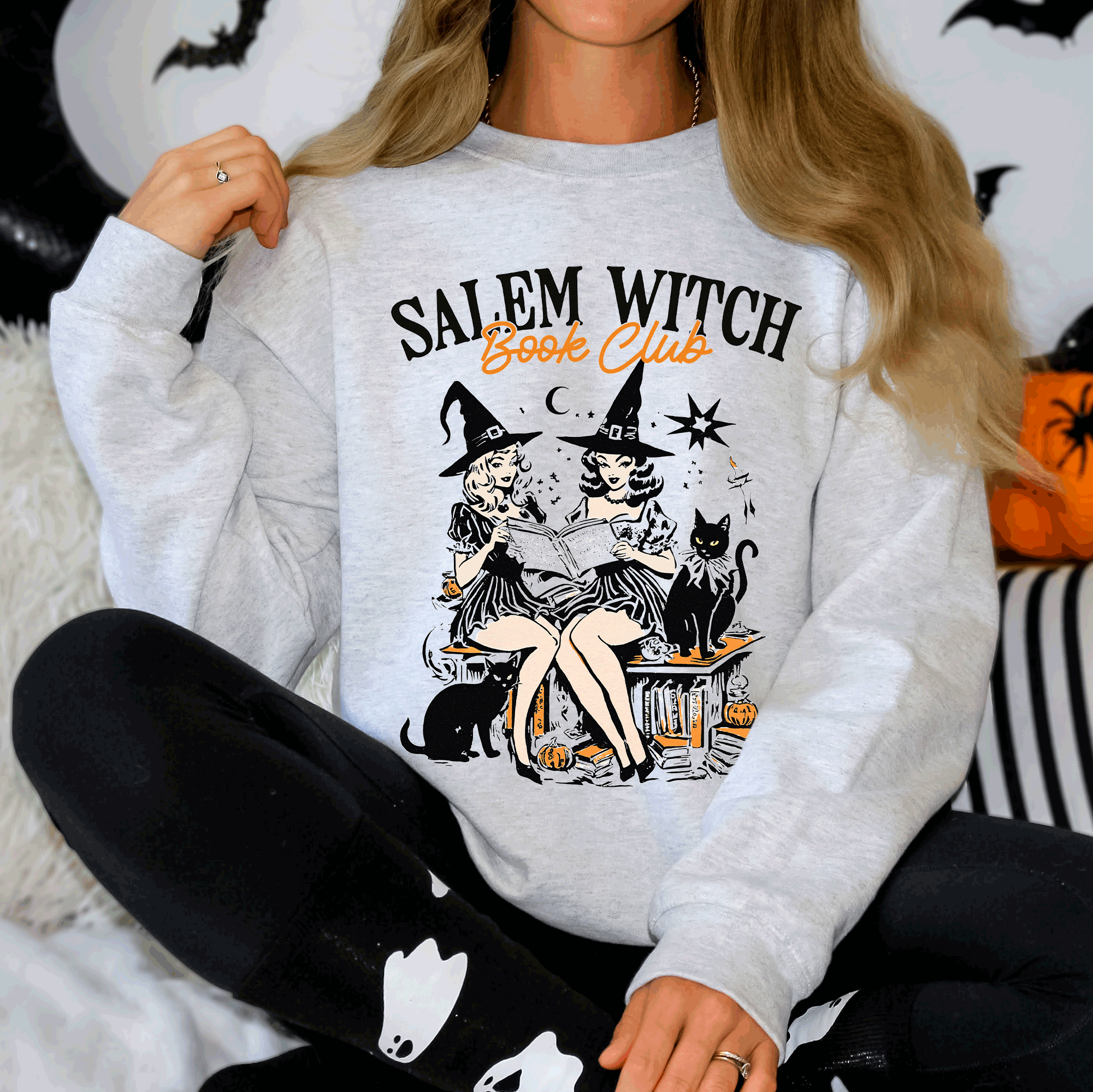Salem Book Club Vintage Halloween Reading Cats Retro Classic Books Cozy Sweatshirt