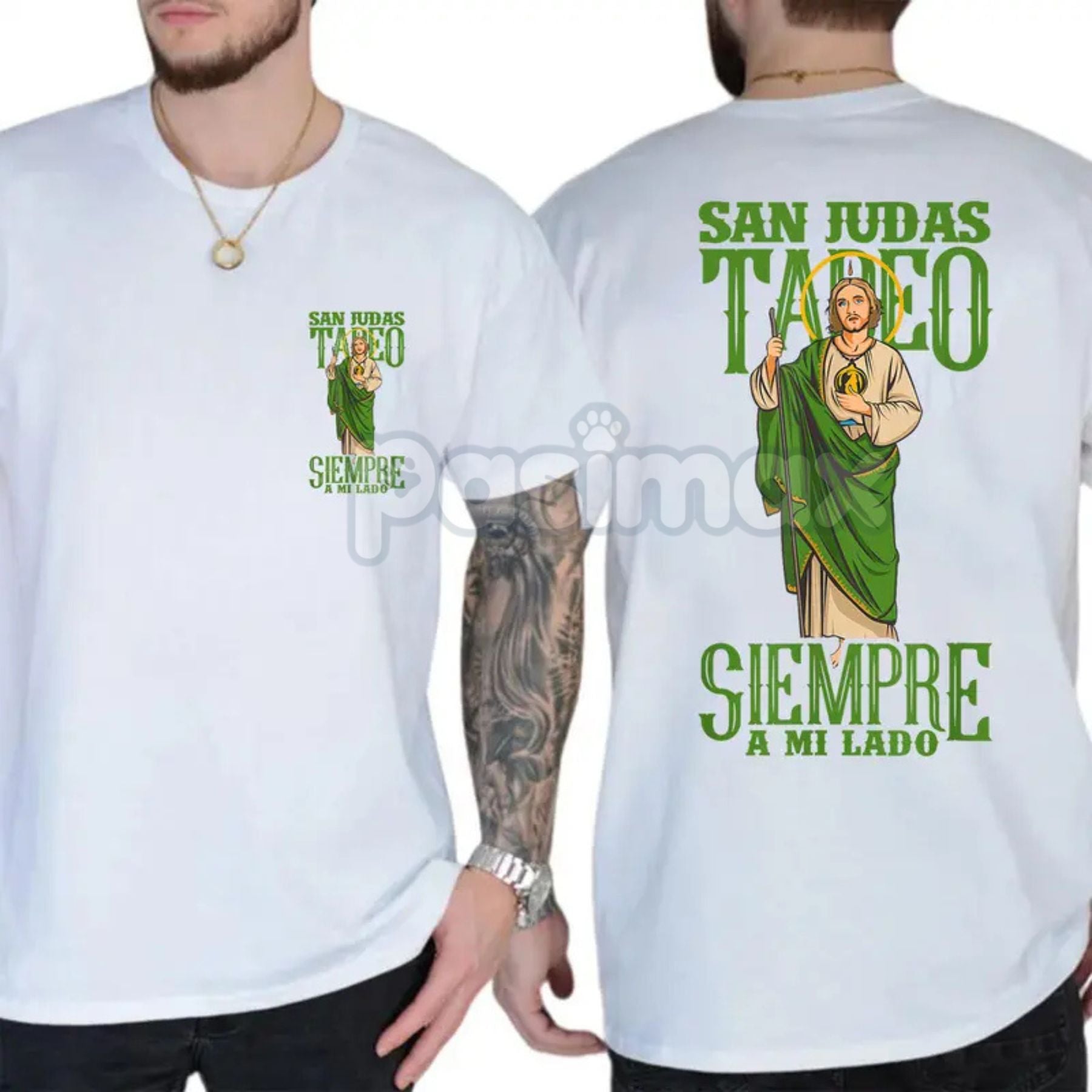 San Judas Tadeo Iconic Portrait T-Shirt - 2-Sided Latinx Faith Apparel - Vibrant Religious Graphic Tee