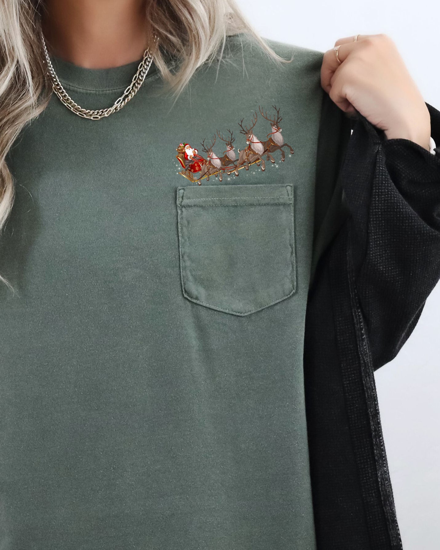 Santa Sleigh Reindeer Christmas Snow Winter Xmas Pocket Holiday Comfort Colors Tee