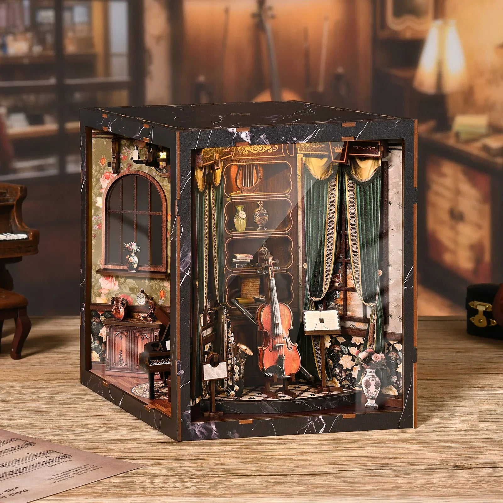 European Melody Musical Instrument Box DIY Miniature House, 3D Puzzle Bookend Model, Wooden Bookend. Creative Gift