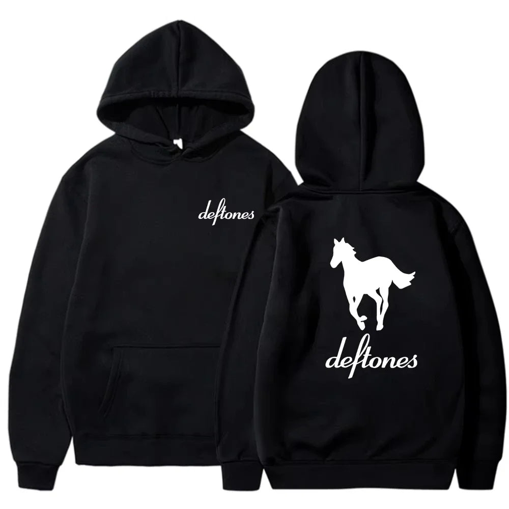 European and American fashion trend, long sleeved hooded top, men's loose hoodie Deftones white horse print