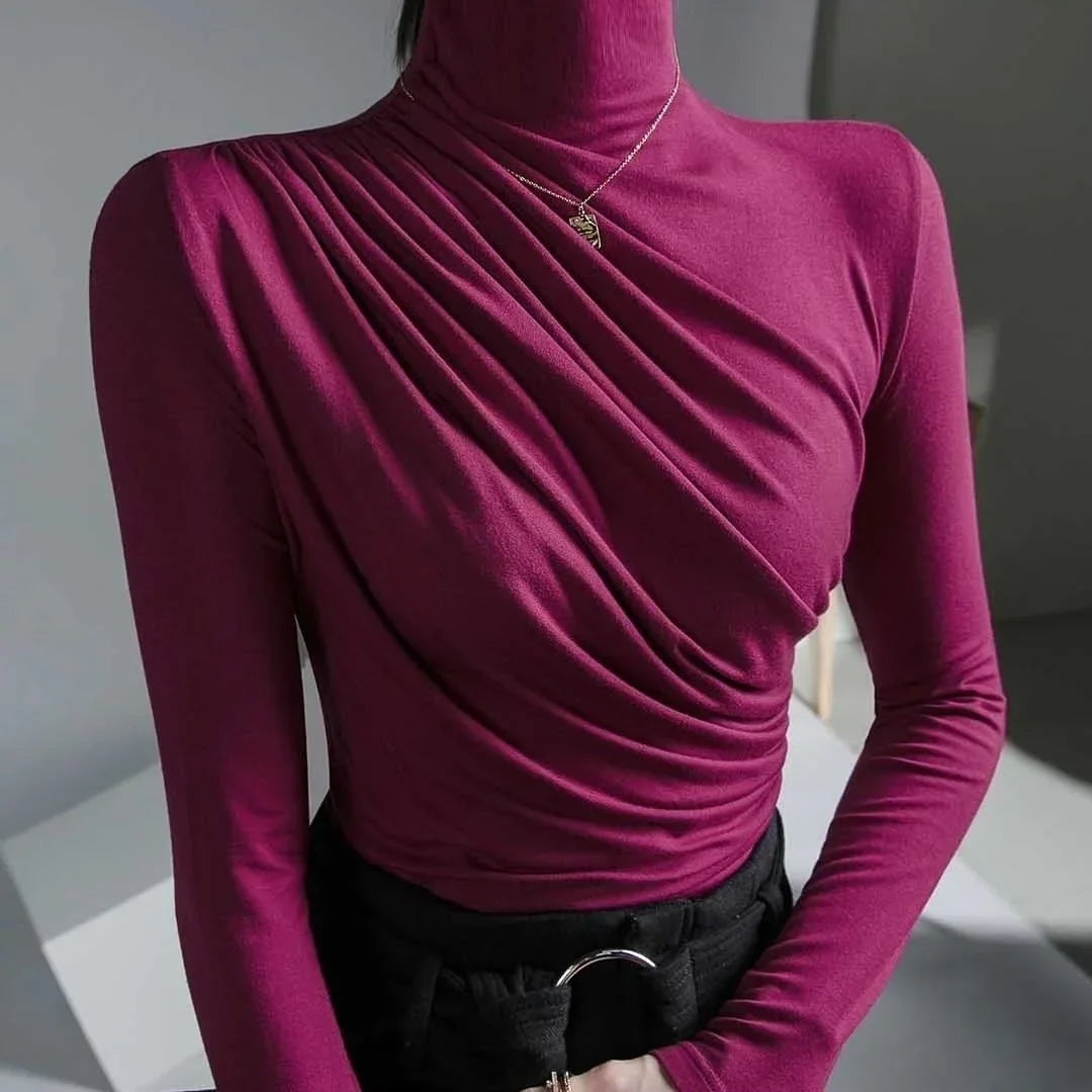 2023 Pleated High Neck for Women Blusas Clothes for Women Tops Shirts Blouses