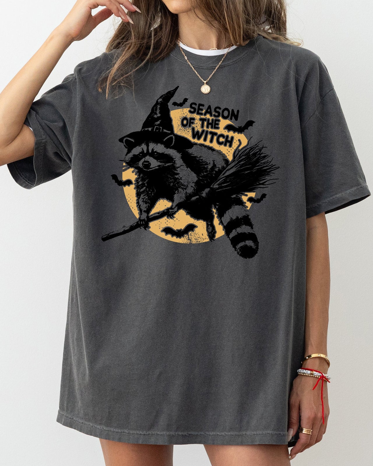 Season Of The Witch Cute Raccoon Halloween Meme Bats Moon Spooky Comfort Colors Tee