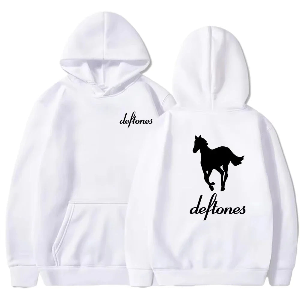 European and American fashion trend, long sleeved hooded top, men's loose hoodie Deftones white horse print