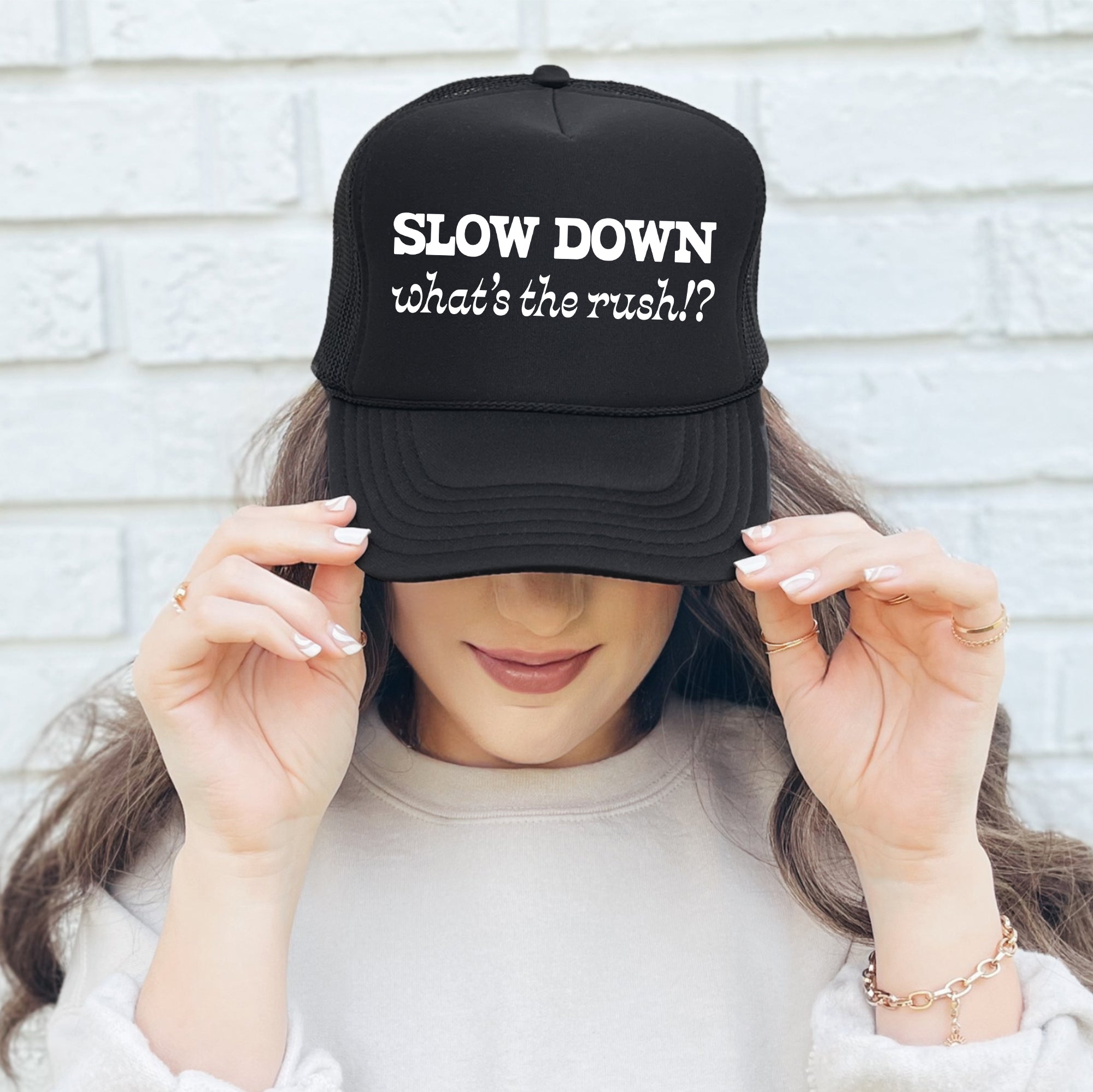 Slow Down, What's The Rush Graphic Trucker Hat With Slow Down, What's The Rush Slogan