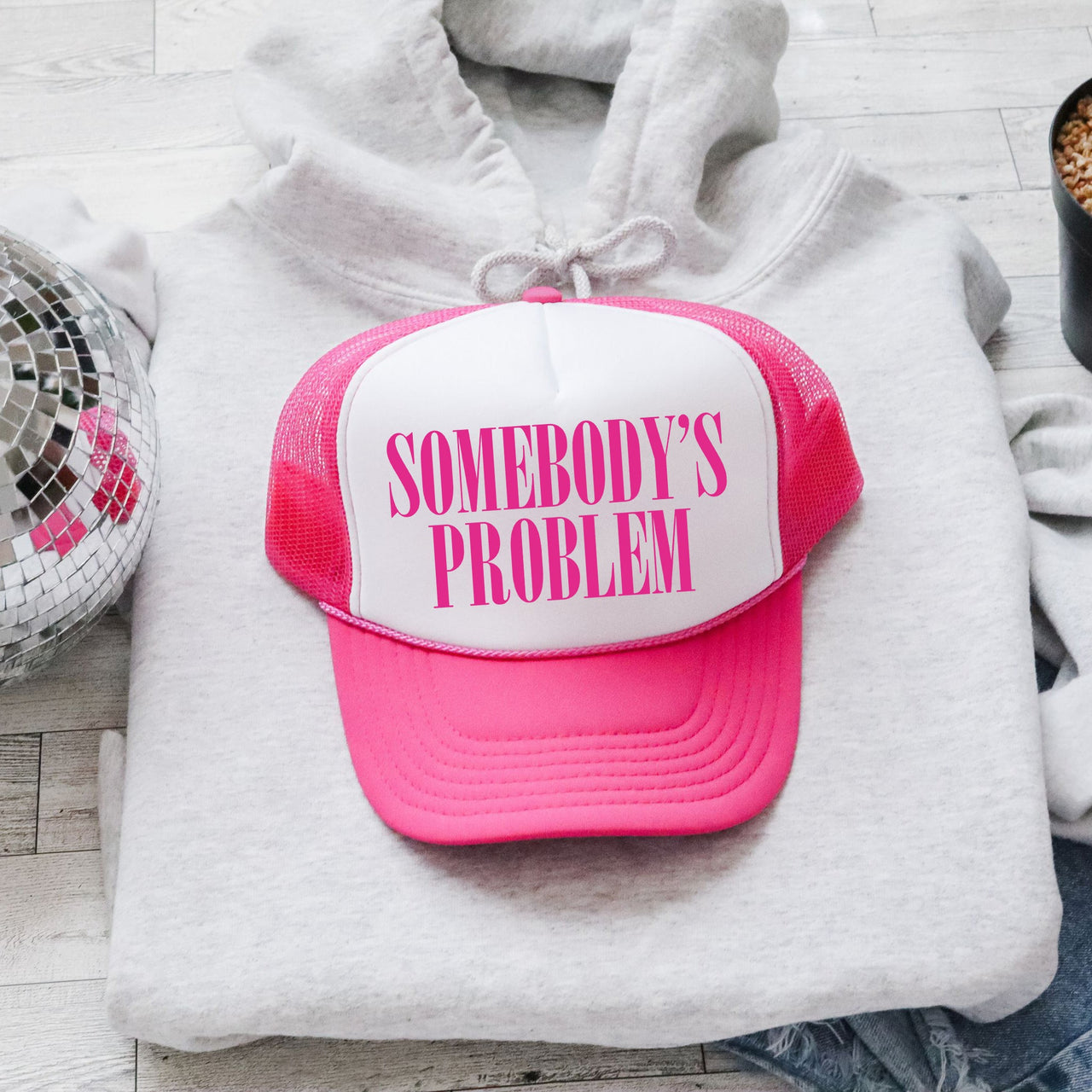 Somebody’s Problem Sassy Funny Bright Pink Snapback Statement Graphic Trucker Hat