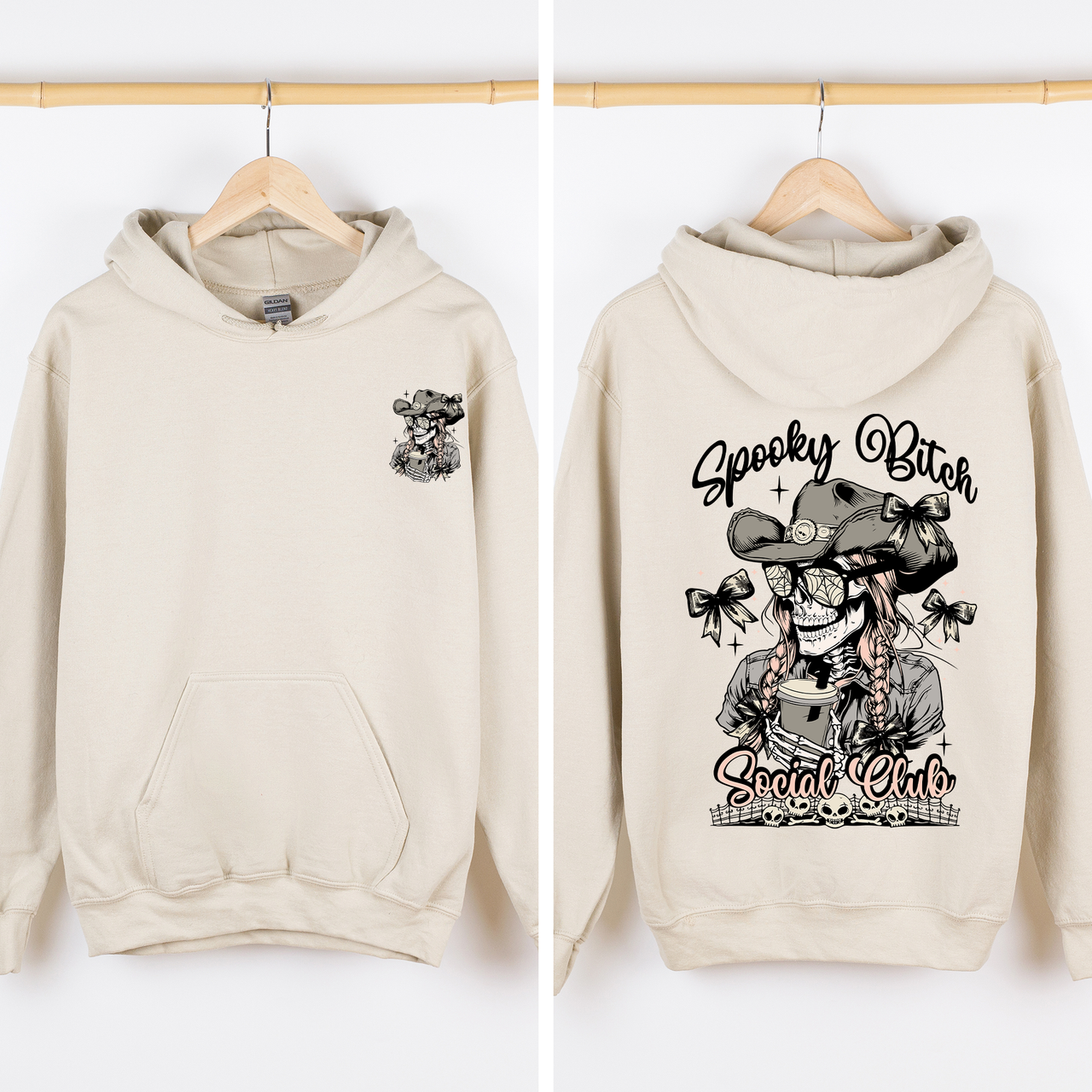 Spooky Bitch Social Club Skeleton Coquette Halloween Retro Goth Vintage Noir Graphic Hoodie