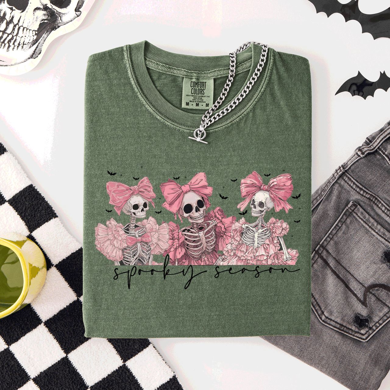 Spooky Season Skeletons Coquette Ribbon Bows Halloween Graphic Comfort Colors Tee
