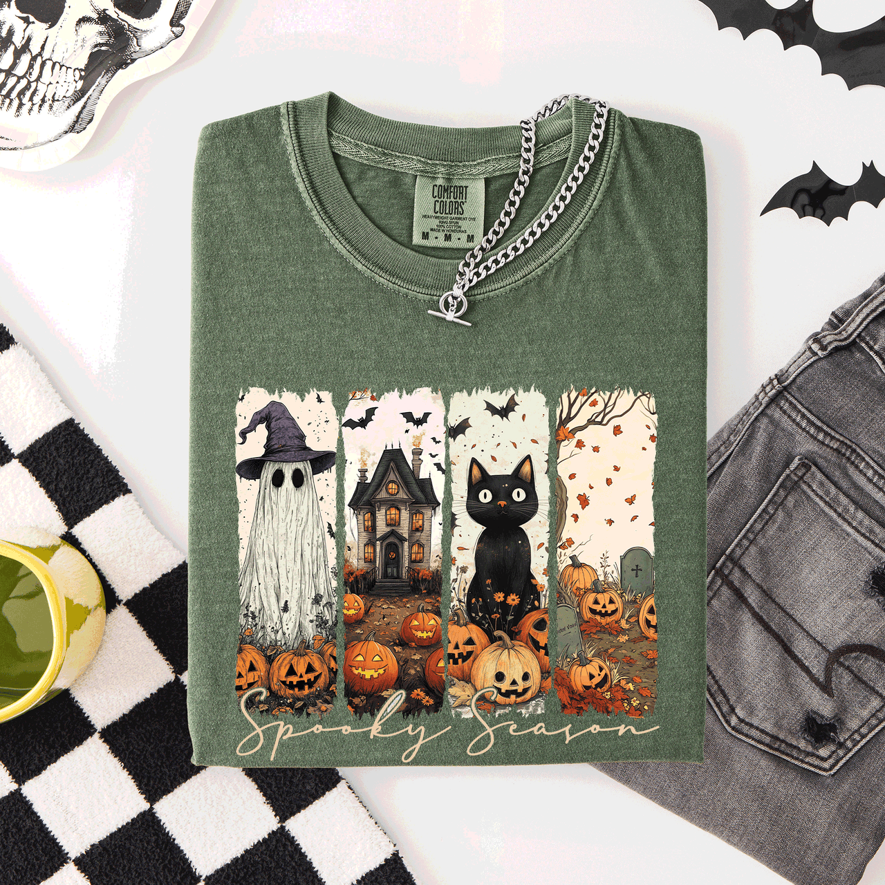 Spooky Season Stripes Halloween Cat Ghost Pumpkins Autumn Fall Comfort Colors Tee