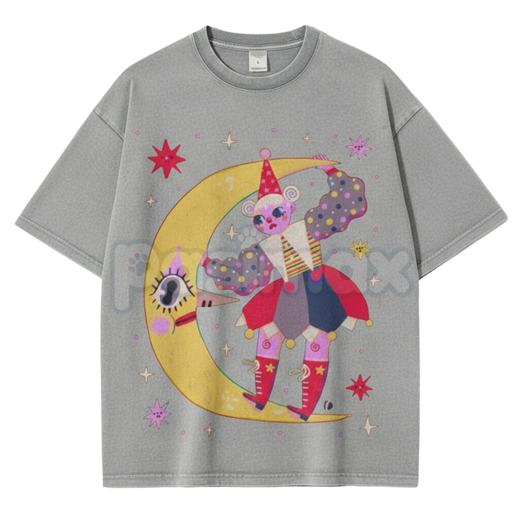 Star Clown Unisex Vintage Washed Tee – Retro Celestial Circus Graphic Streetwear T-Shirt