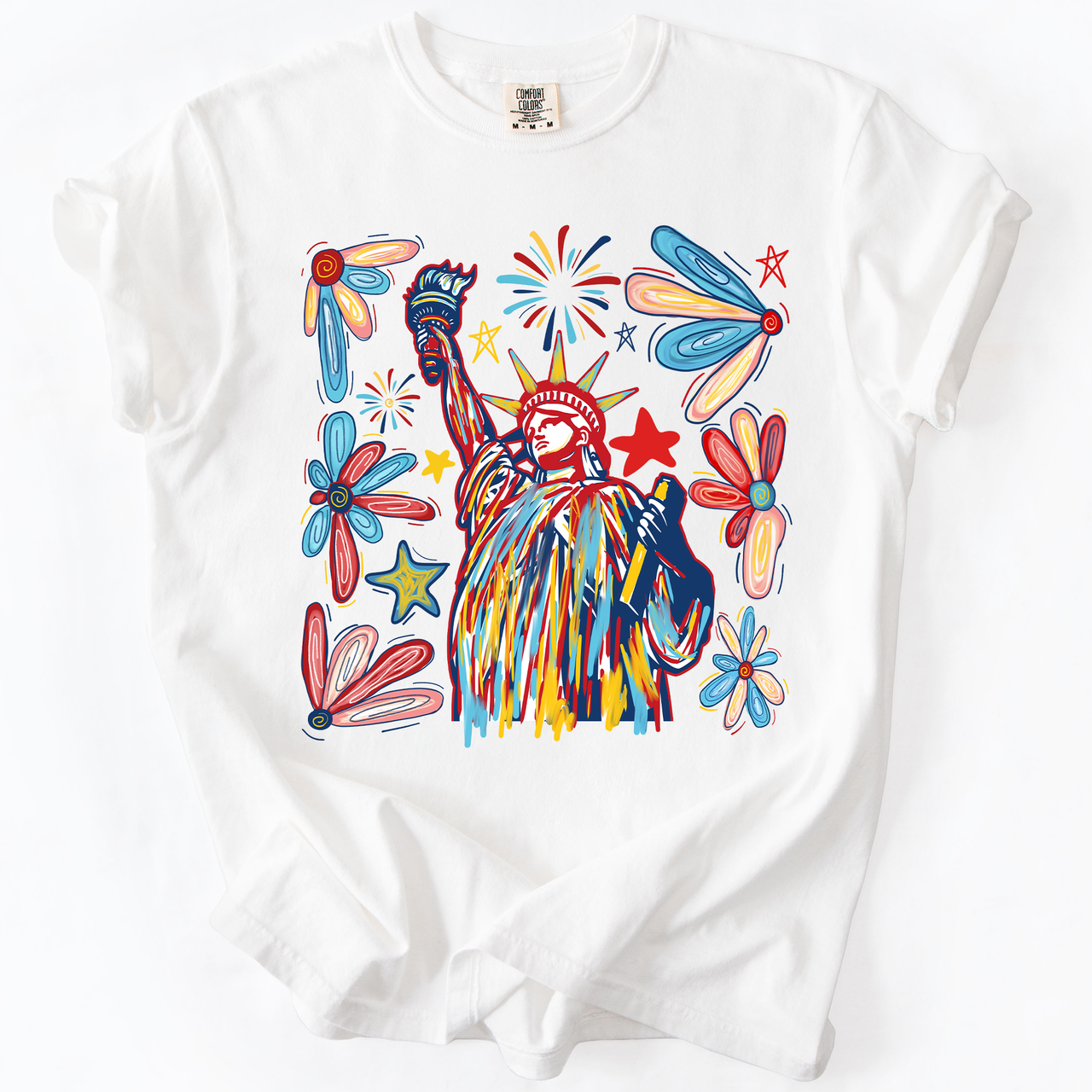 Statue Of Liberty Fourth Of July Patriotic USA Colorful Flag Art Comfort Colors Tee