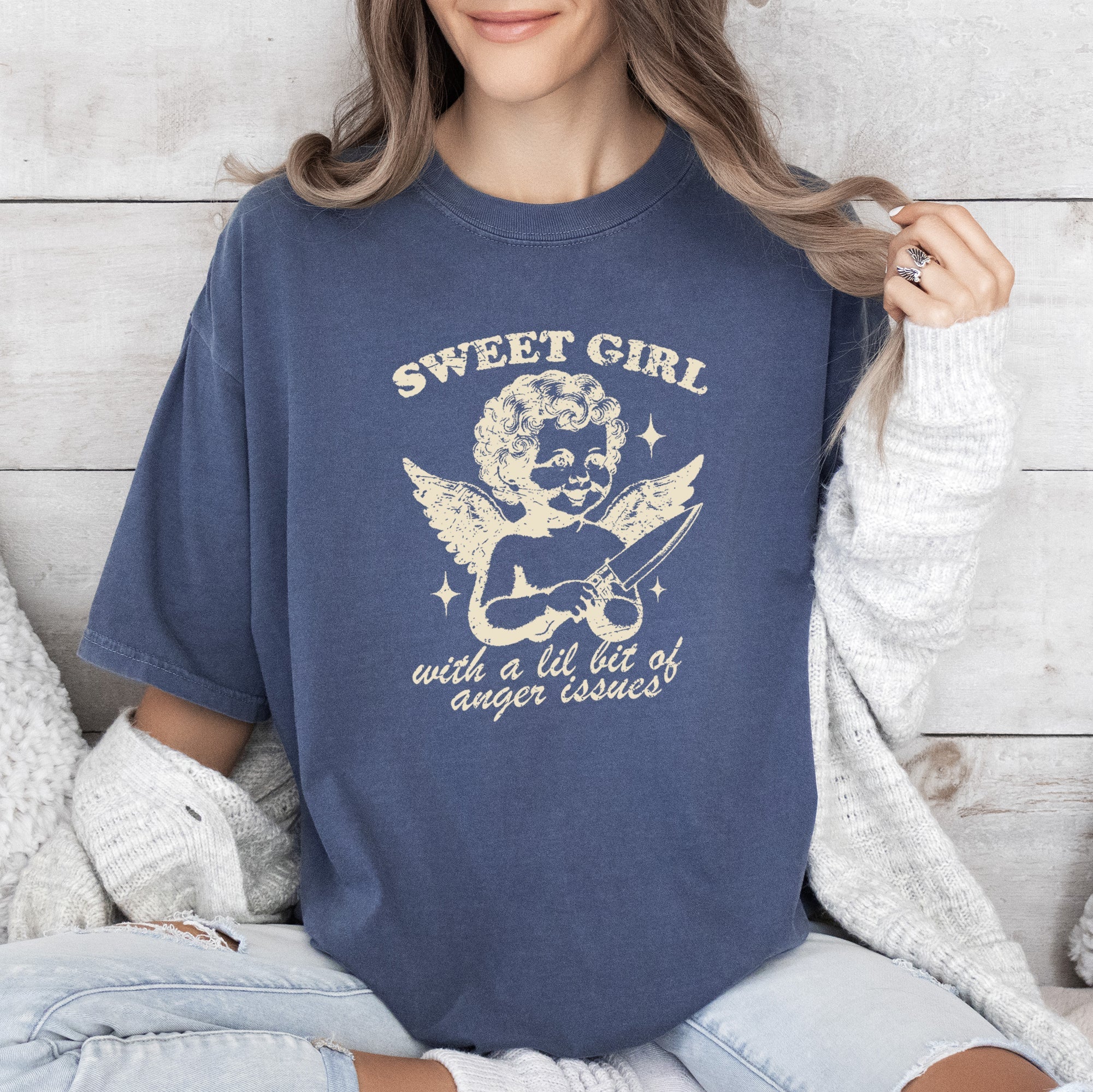 Sweet Girl Anger Issues Cupid Angel Meme Phrase Artwork Edition Comfort Colors Tee