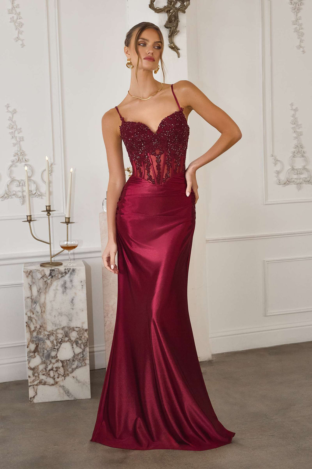 Amoris T819 Sleek Fitted Stretch Satin Sheer Corset Mermaid Gown