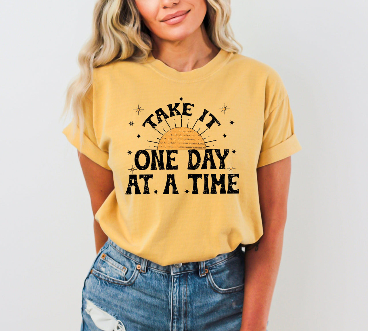 Take It One Day At A Time Let Go Mental Health Self Care Positivity Sun Stars Comfort Colors Tee