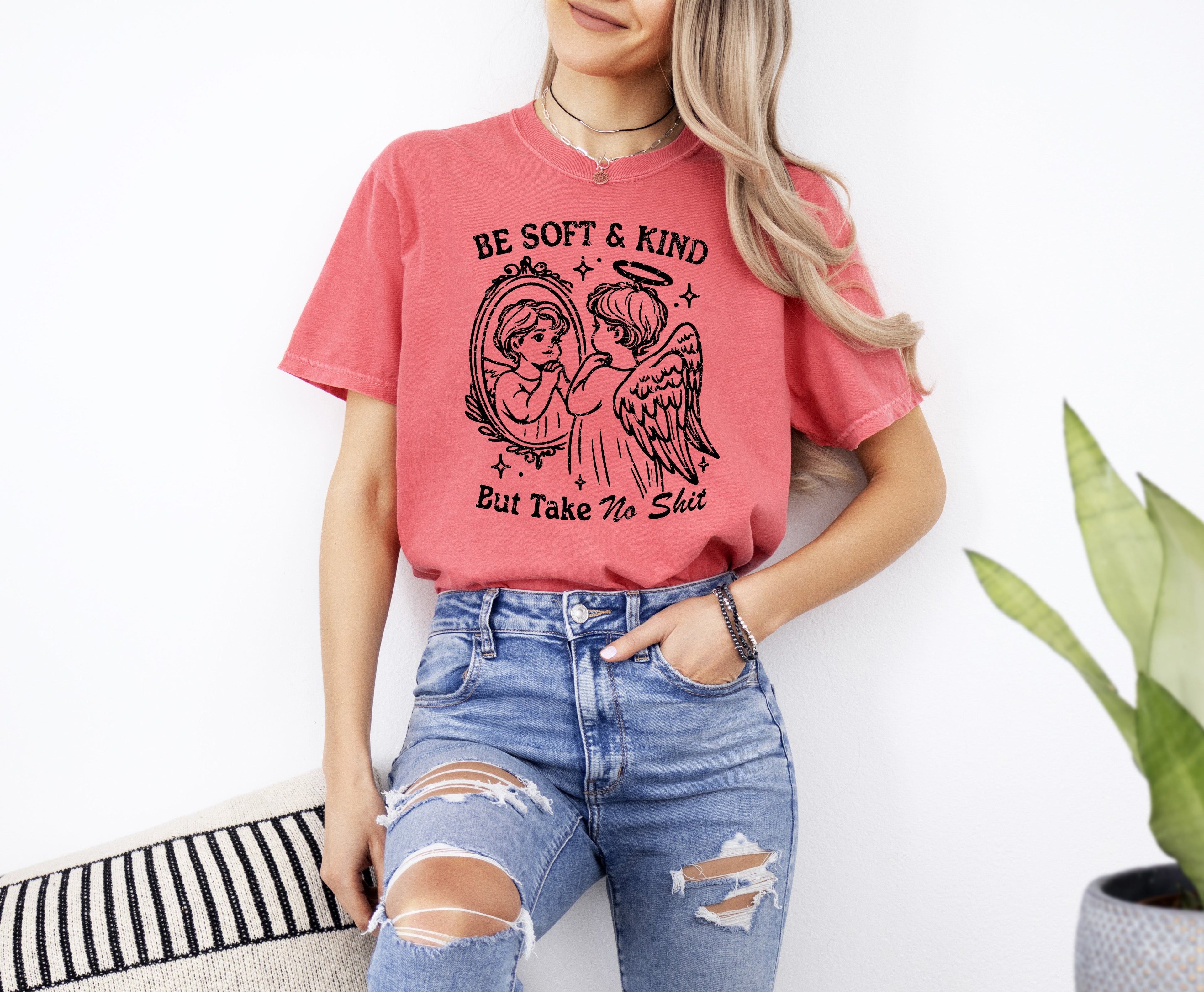 Take No Shit Angel Be Kind Meme Quote Bold Attitude Statement For Everyday Wear And Confidence Comfort Colors Tee