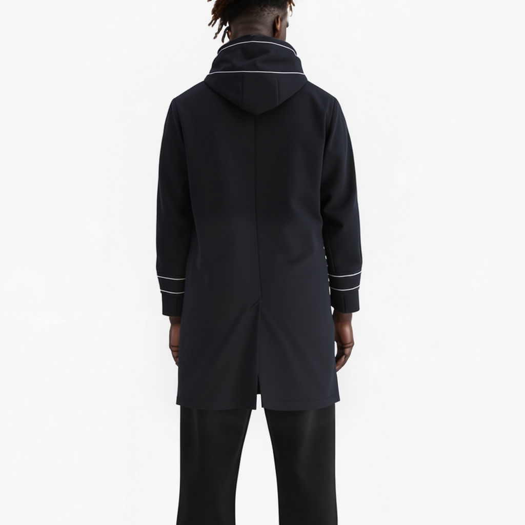 Men's Wool Blend Hooded Coat with Reflective Piping In Black