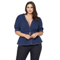 Women's Plus Size Puff Shoulder Button Front Peplum Top in Navy