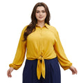 Pleione Plus Size Pleated Tie Hem Button Down Blouse In Mustard