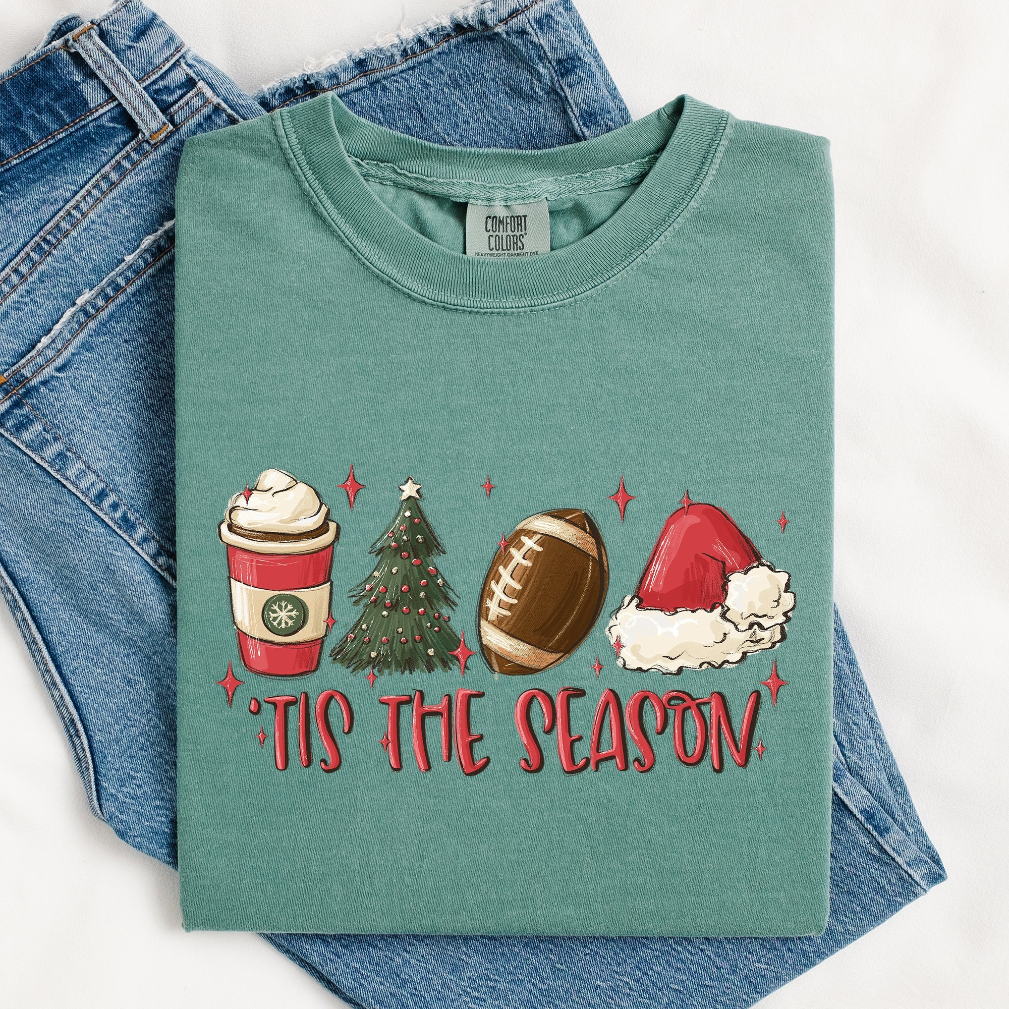 Tis The Season Christmas Football Santa Tree Coffee Winter Xmas Comfort Colors Tee