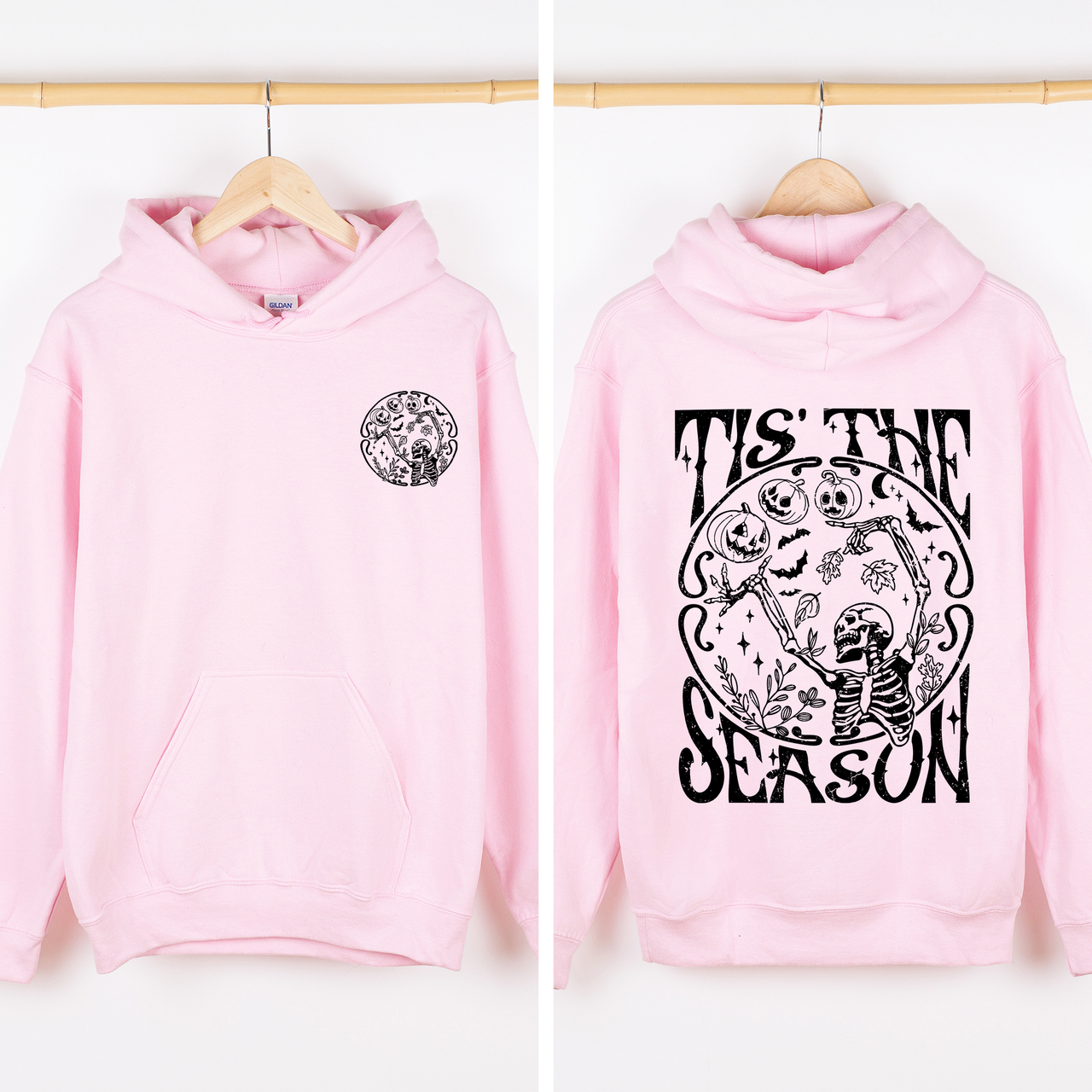 Tis The Season Spooky Skeleton Pink Ribbon Lace Front And Back Halloween Graphic Hoodie