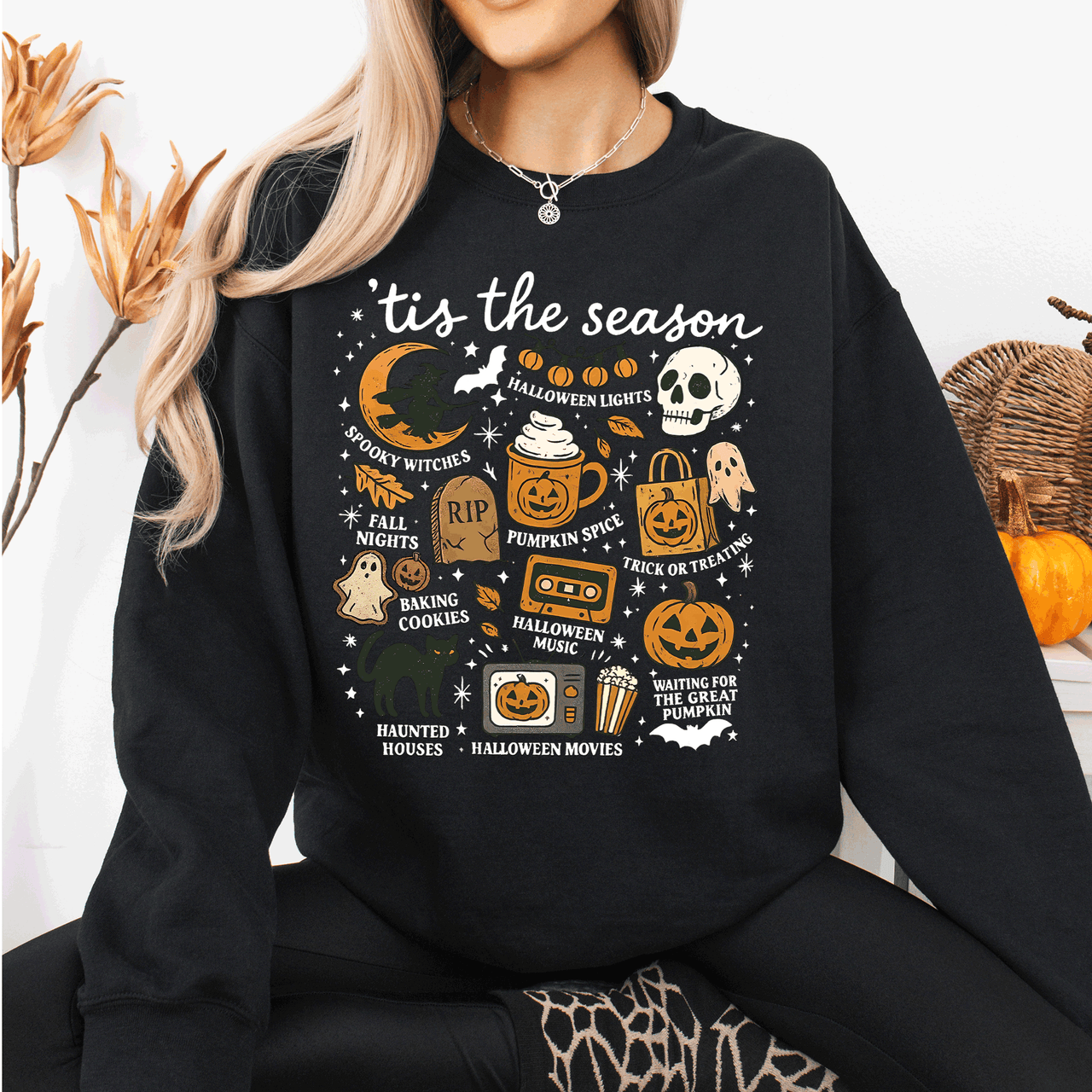 Tis The Season Halloween Skeleton Black Cat Witch Ghost Pumpkin Spooky Sweatshirt