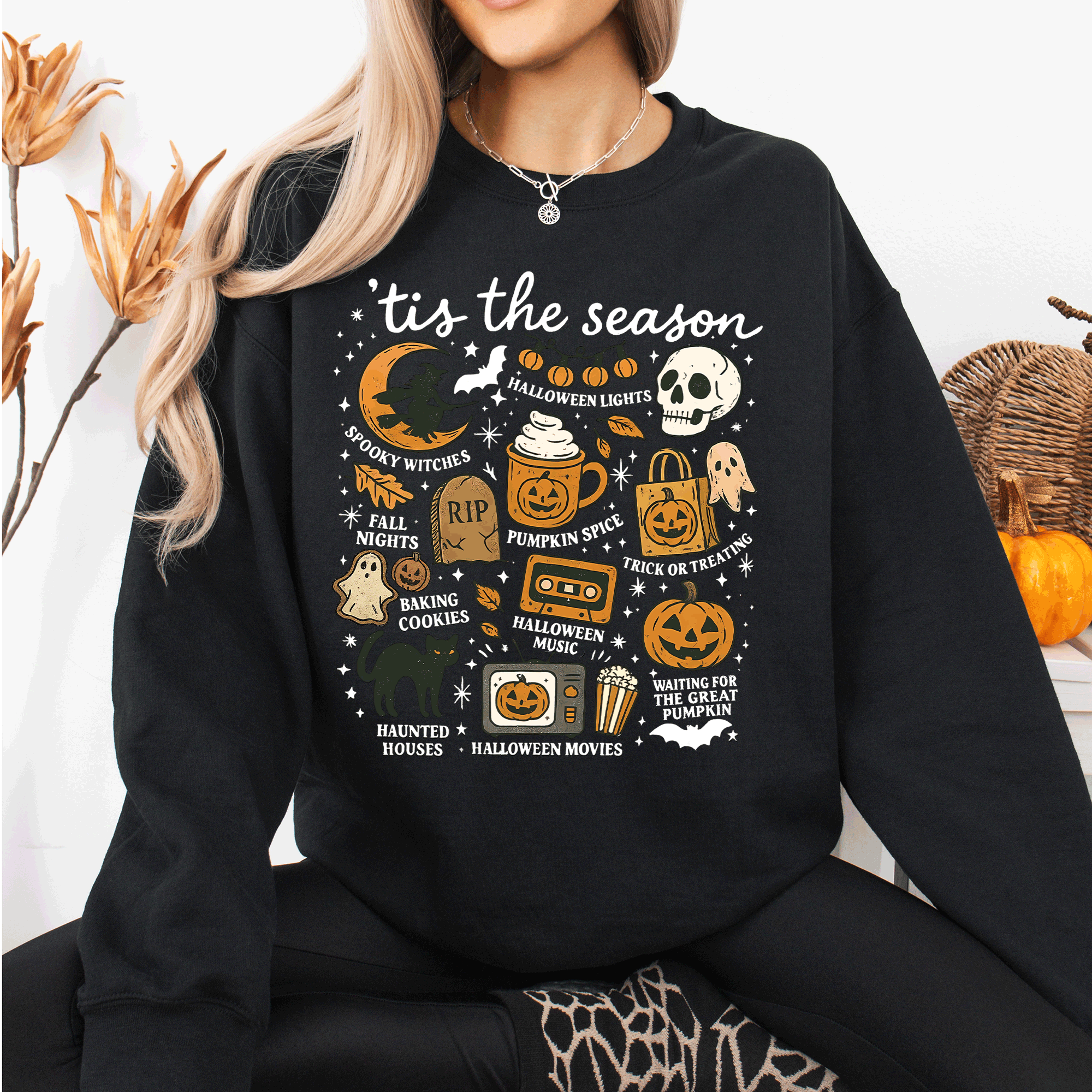 Tis The Season Halloween Skeleton Black Cat Witch Ghost Pumpkin Spooky Sweatshirt