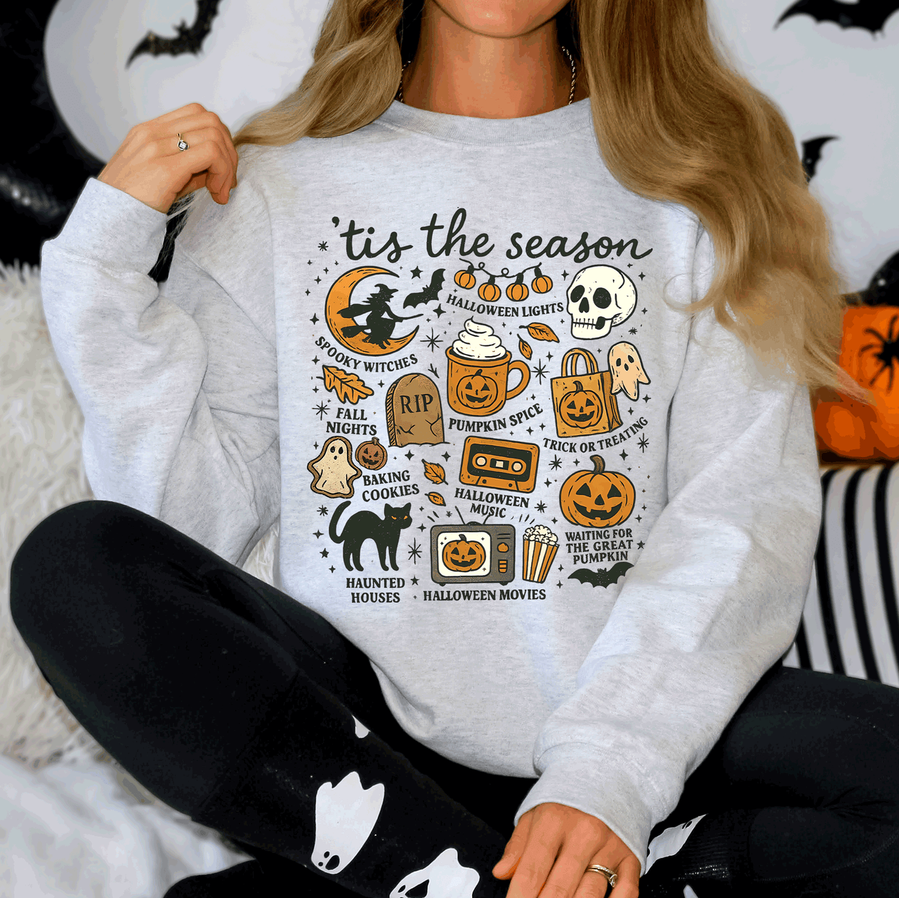 Tis The Season Halloween Skeleton Black Cat Witch Ghost Pumpkin Spooky Sweatshirt