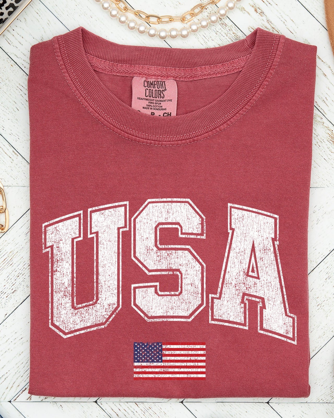 USA Flag Collegiate Varsity Olympics Patriotic Independence Day Fourth Of July America Comfort Colors Tee