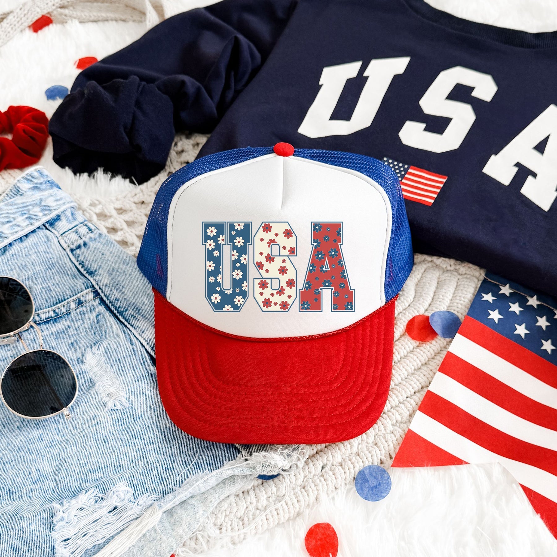 USA Flag Flowers Patriotic Floral Emblem Bold Statement Of Liberty And Freedom For Everyday Wear Trucker Hat