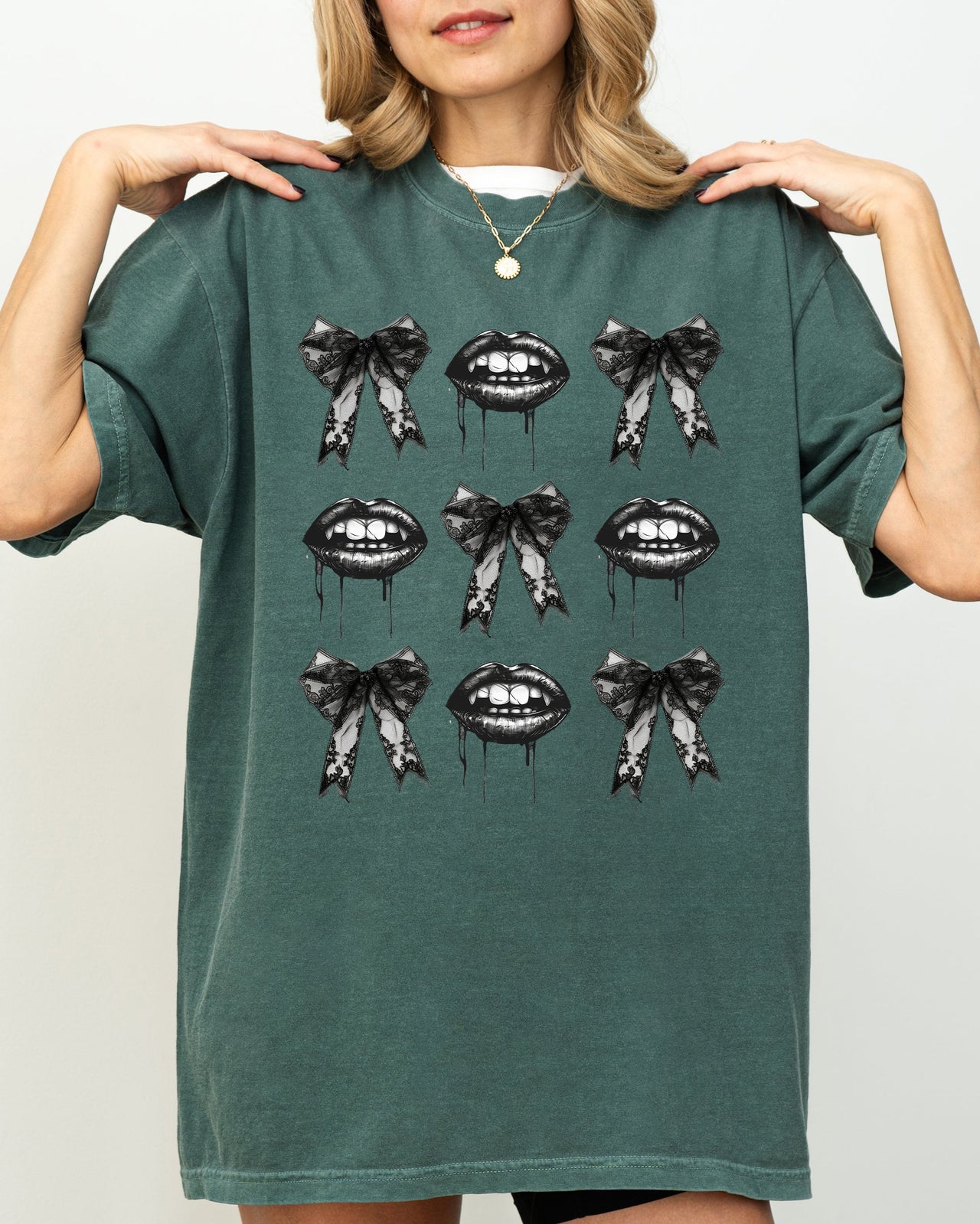 Vampire Black Bows Coquette Ribbons Halloween Lace Gothic Spooky Scary Fangs Comfort Colors Tee