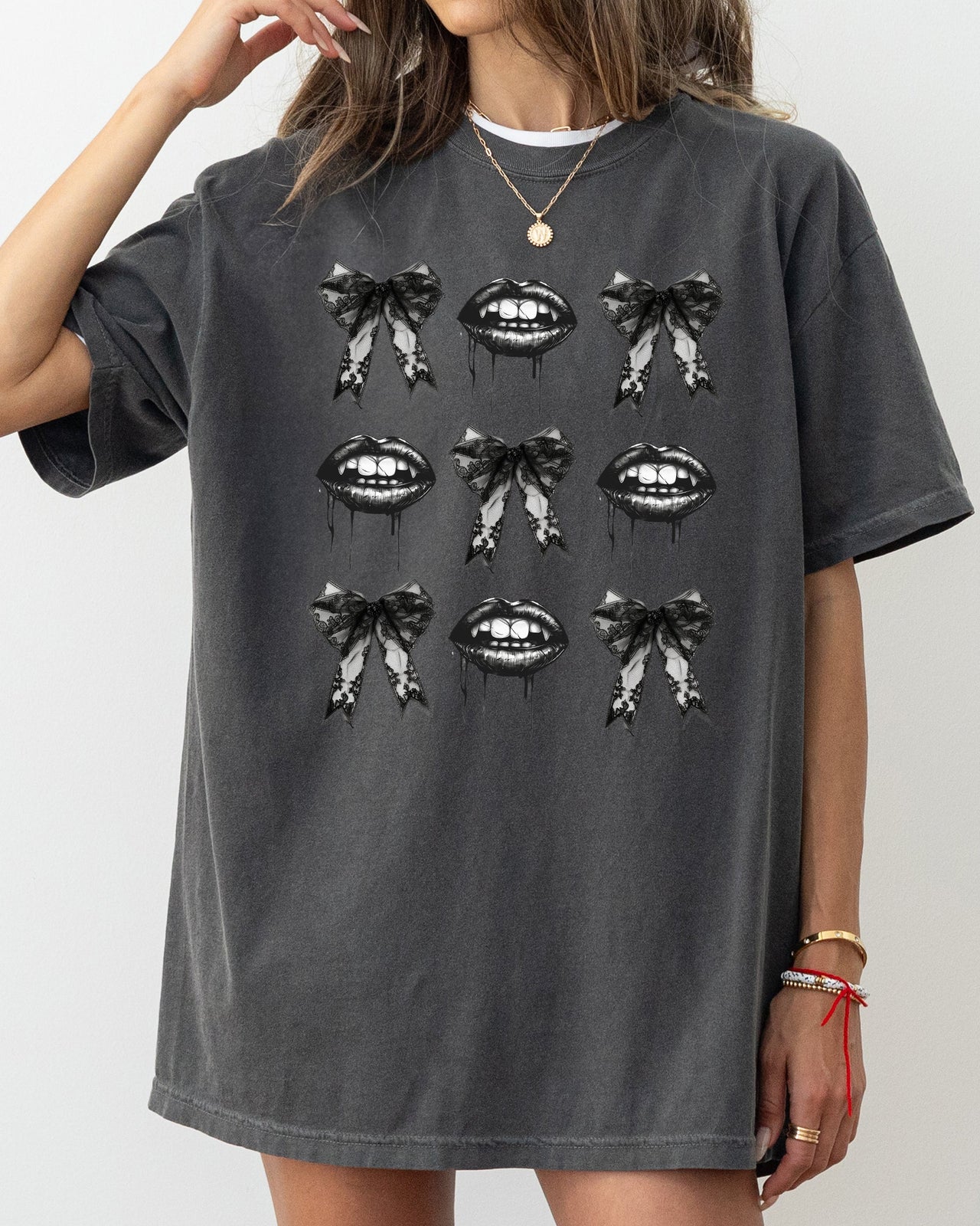 Vampire Black Bows Coquette Ribbons Halloween Lace Gothic Spooky Scary Fangs Comfort Colors Tee
