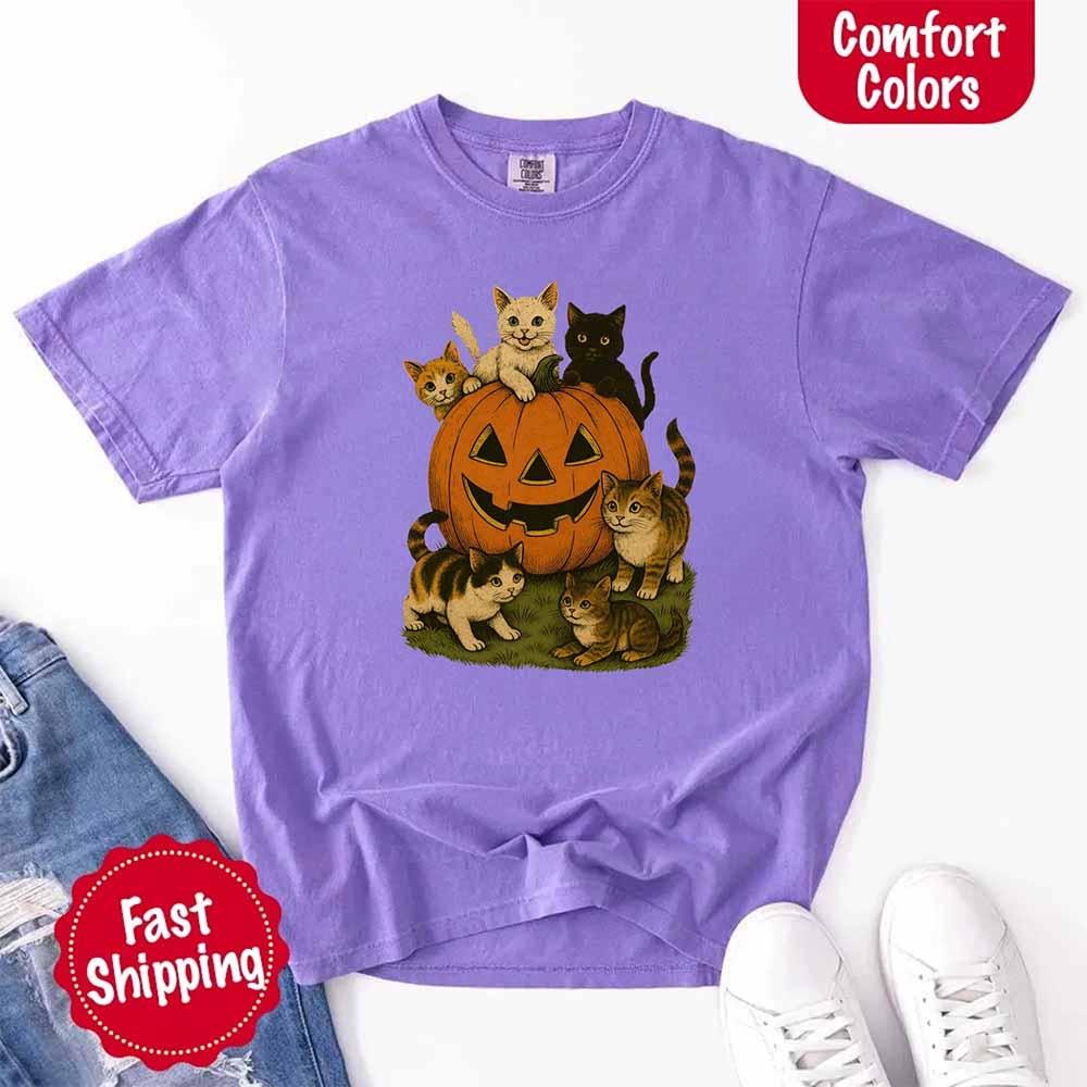Vintage 90s Cat Halloween Comfort Colors Shirt – Retro Tee for Cat Lovers