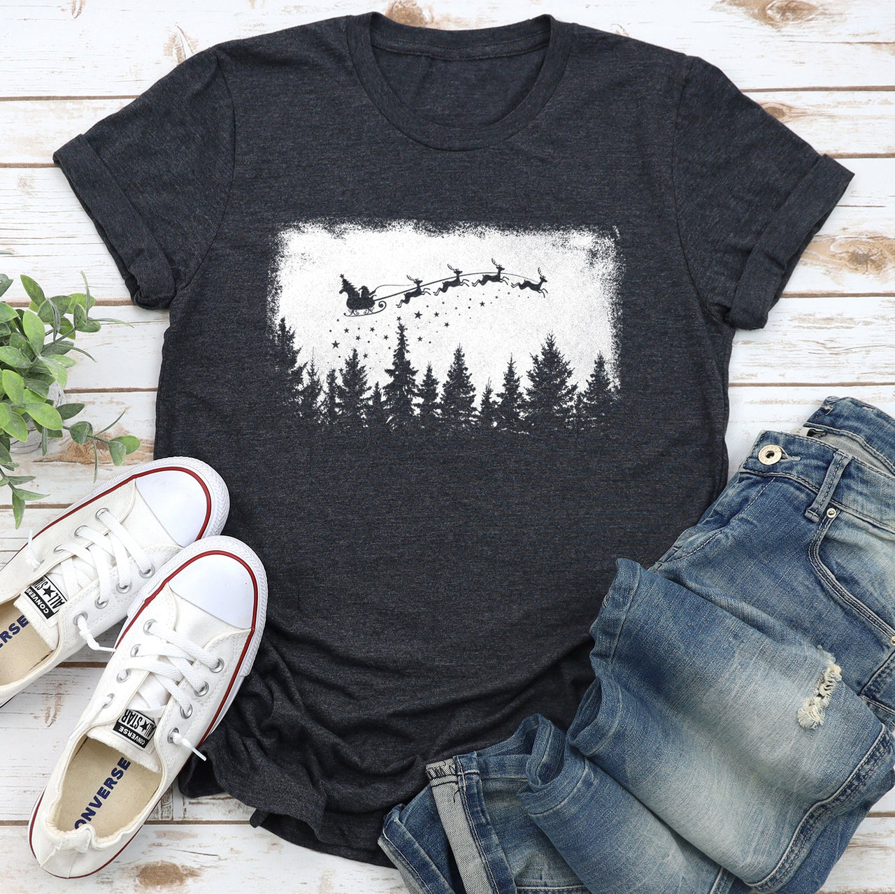 Vintage Pine Tree Christmas Silhouette Santa Reindeer Sleigh Holiday Graphic Tee