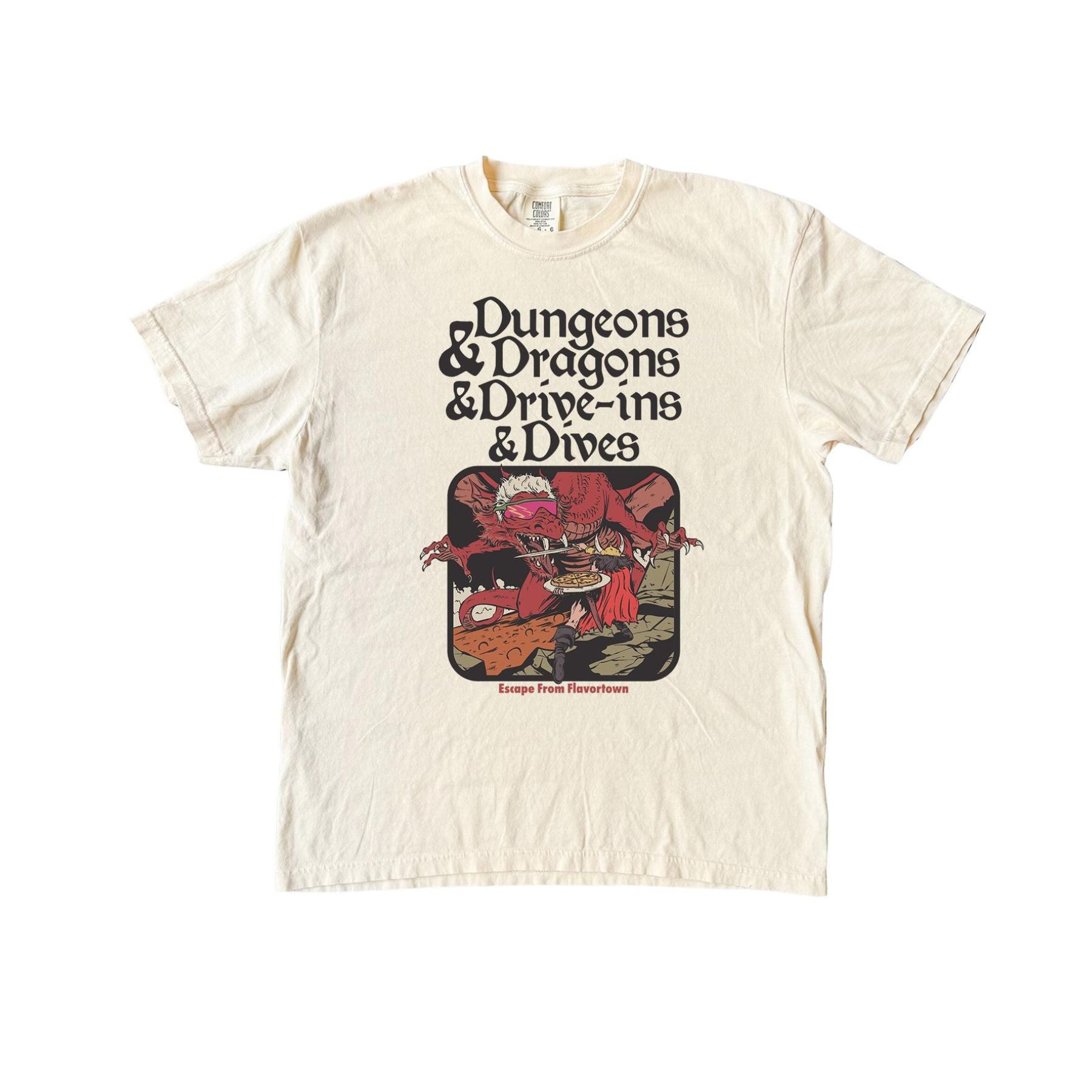 Vintage Food & Fantasy Tee – Dungeons and Dragons and Drive-Ins T-Shirt, Funny Comfort Colors Shirt, Retro Gamer Top, Fantasy RPG Gift